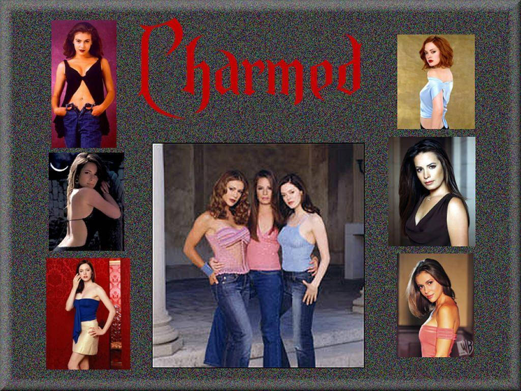 charmed 桌布 壁紙 — 《聖女魔咒》演員的拼貼畫，以各種姿勢和服裝呈現在紋理背景上，節目名稱以紅色哥德字體顯示。