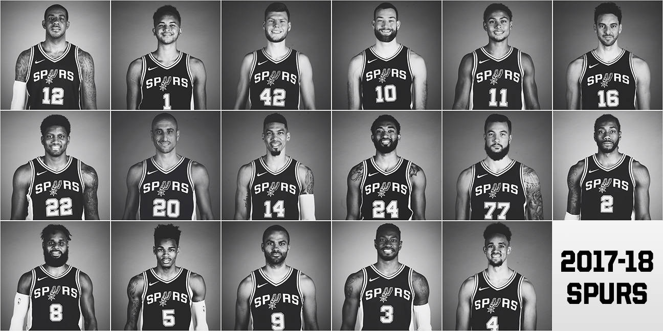 Spurs 桌布 壁紙 — 聖安東尼奧馬刺籃球球員身穿球隊球衣的黑白工作室肖像，以網格排列。