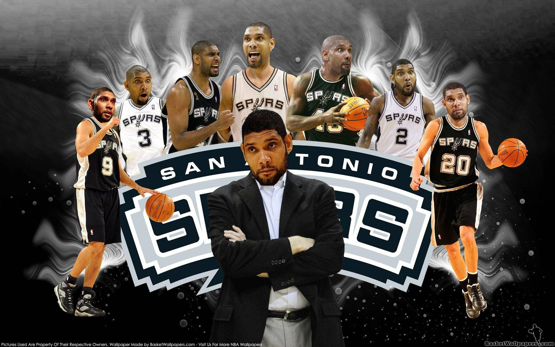 Tim Duncan 桌布 壁紙 — 聖安東尼奧馬刺隊籃球球員和教練在煙霧黑色背景上圍繞球隊標誌擺出動作姿勢的動態拼貼畫。