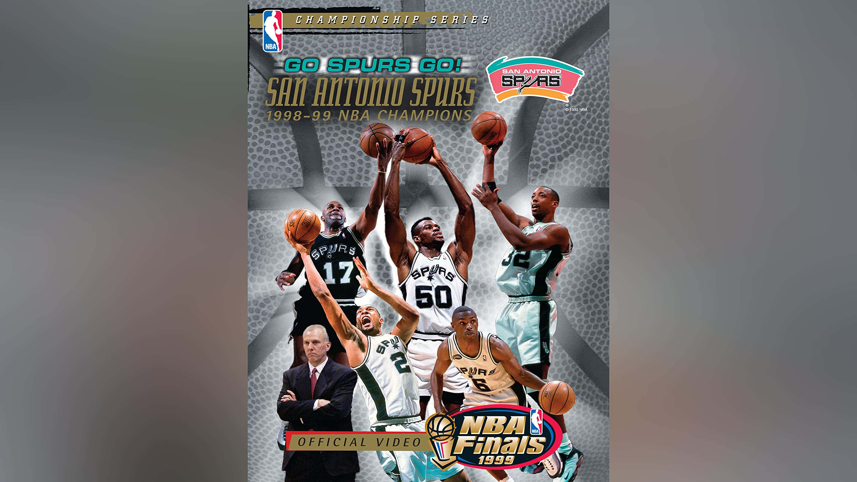 NBA 桌布 壁紙 — 聖安東尼奧馬刺隊籃球運動員以動作姿勢慶祝1998-99年NBA總冠軍勝利的動態拼貼畫。