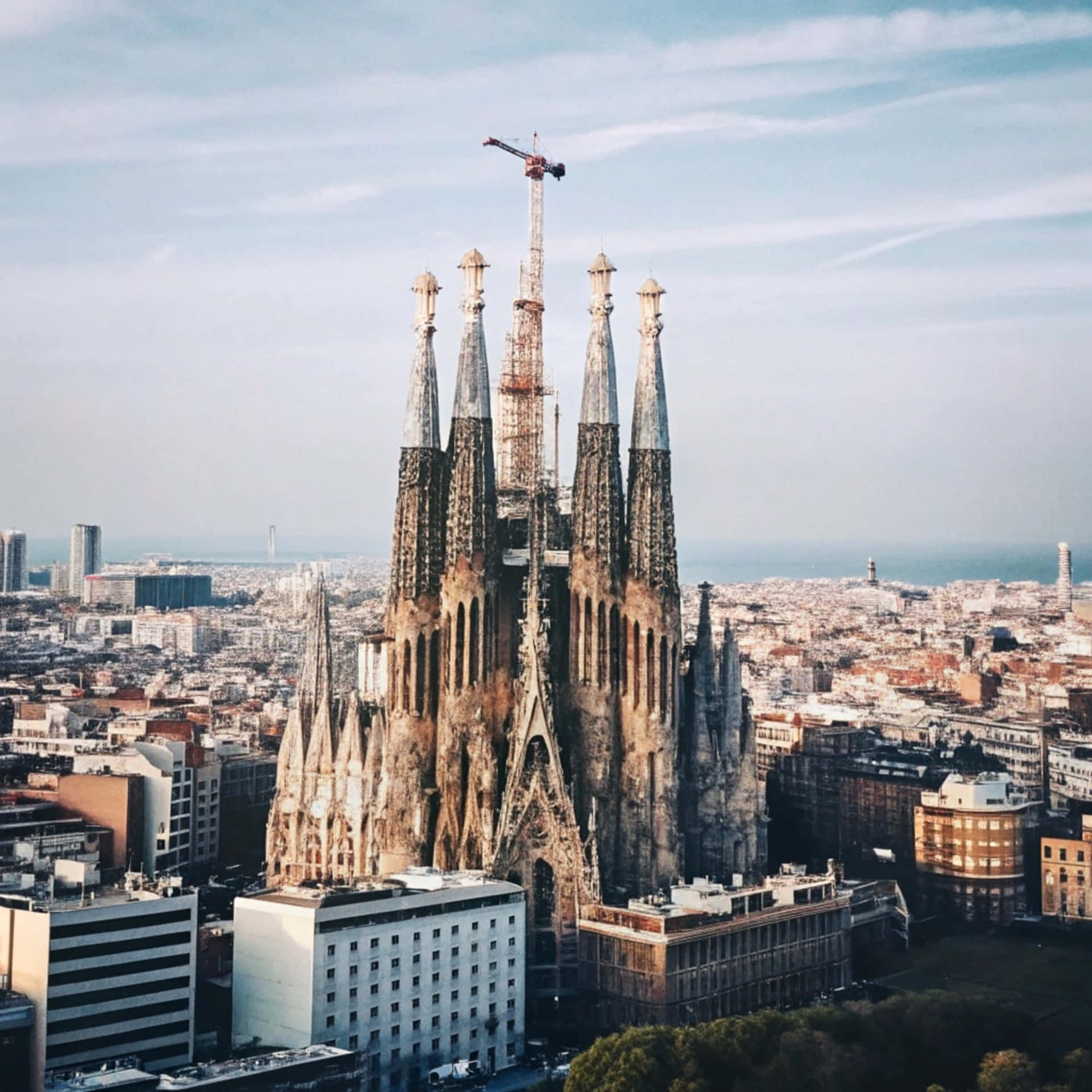 Sagrada Familia 壁紙 — 聖家堂大教堂建造中的鳥瞰圖，起重機聳立在巴塞隆納密集的城市景觀之上，天空柔和湛藍。
