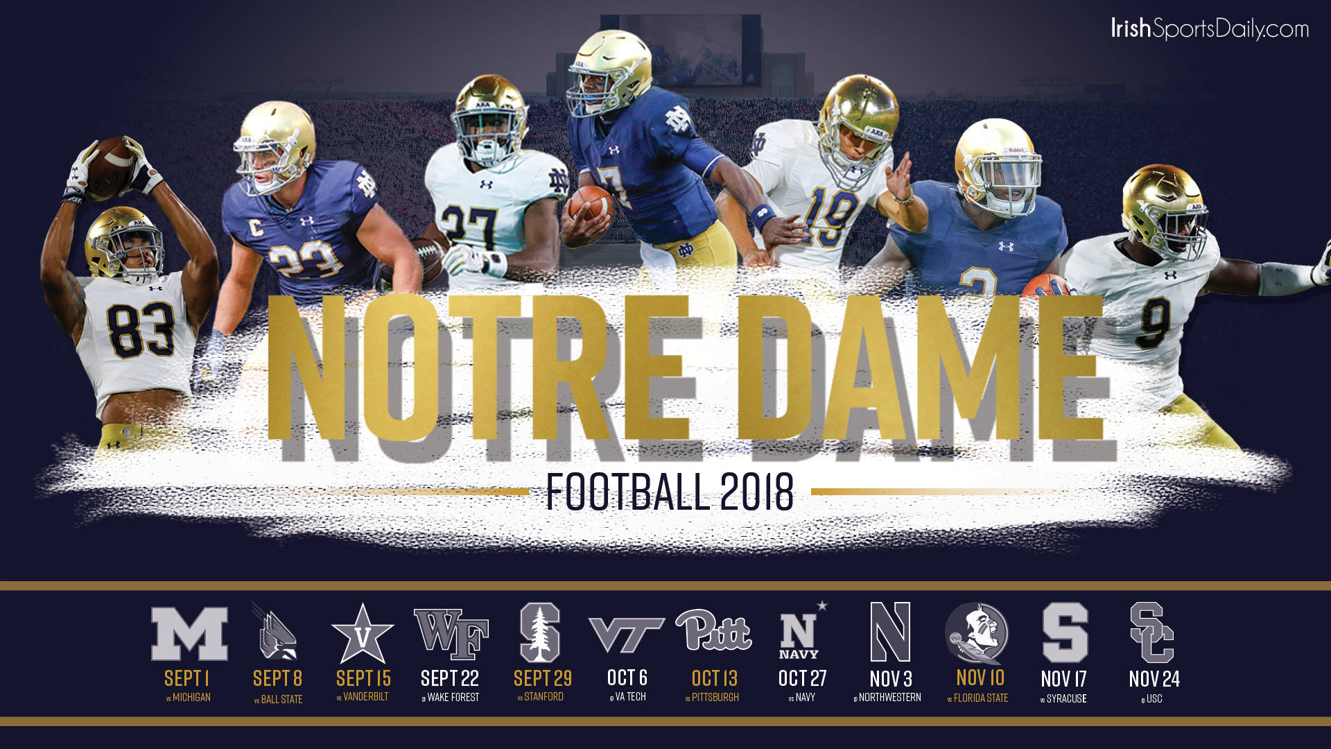 Notre Dame Football 桌布 壁紙 — 聖母大學足球員身穿藍色和金色球衣，在黑暗的體育場背景下動態擺姿勢，下方有2018年賽程。