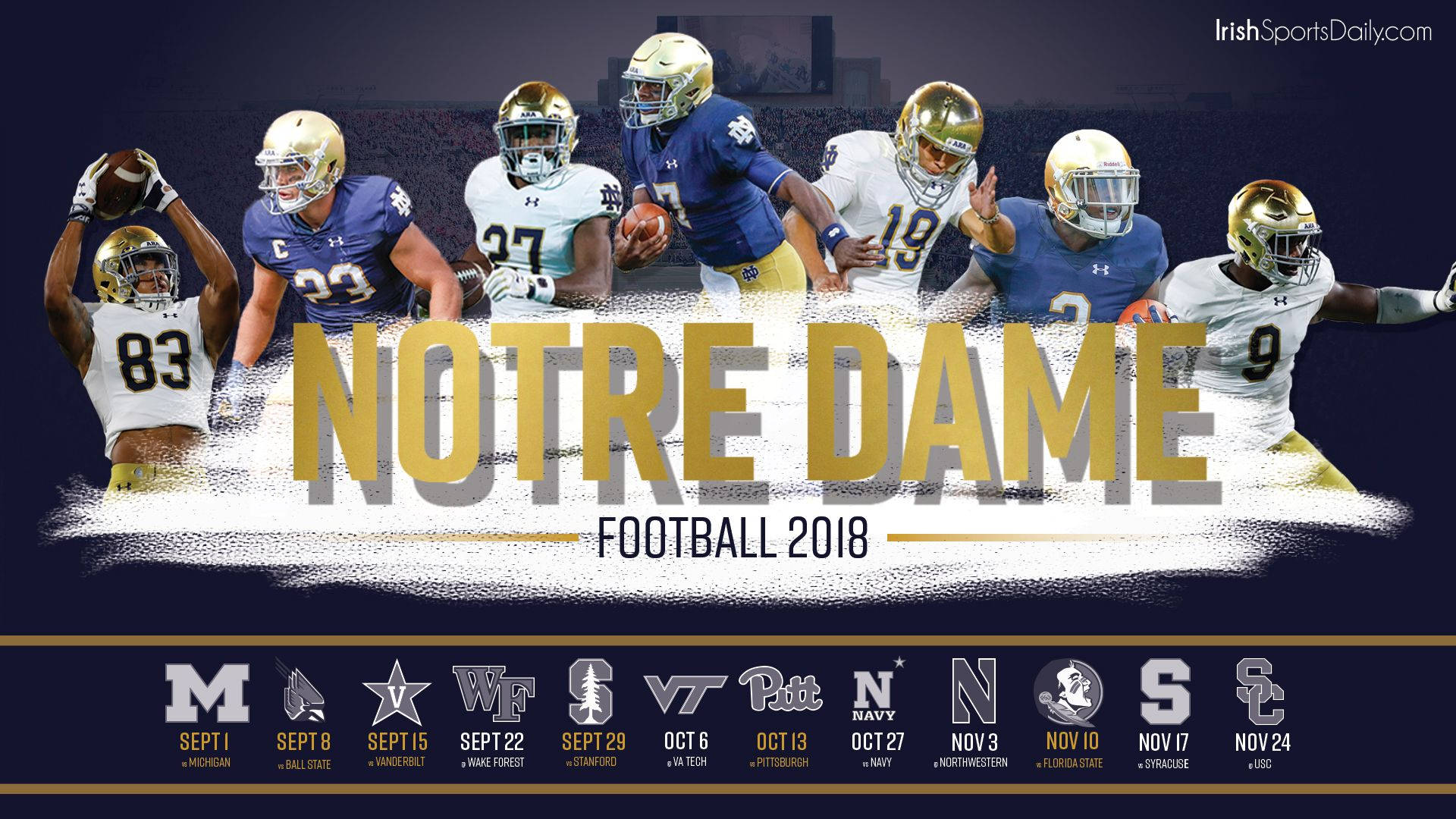 Notre Dame Football 桌布 壁紙 — 聖母大學足球員身穿藍色和金色球衣，在黑暗的體育場背景下動態擺姿勢，下方是2018年賽程表。