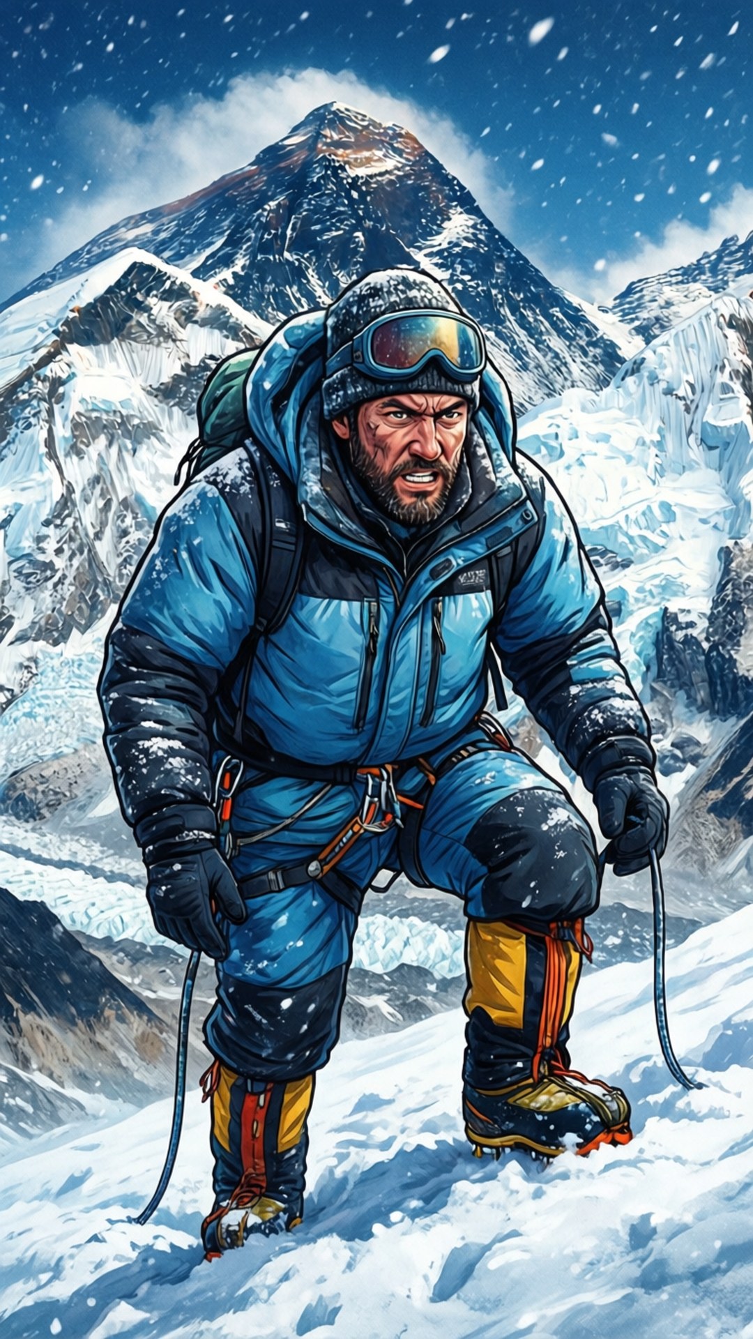 聖母峰的雪地攀登 壁紙 — 一位堅定的登山者身穿藍色裝備，在星空下攀登積雪的山峰，雪花飄落。