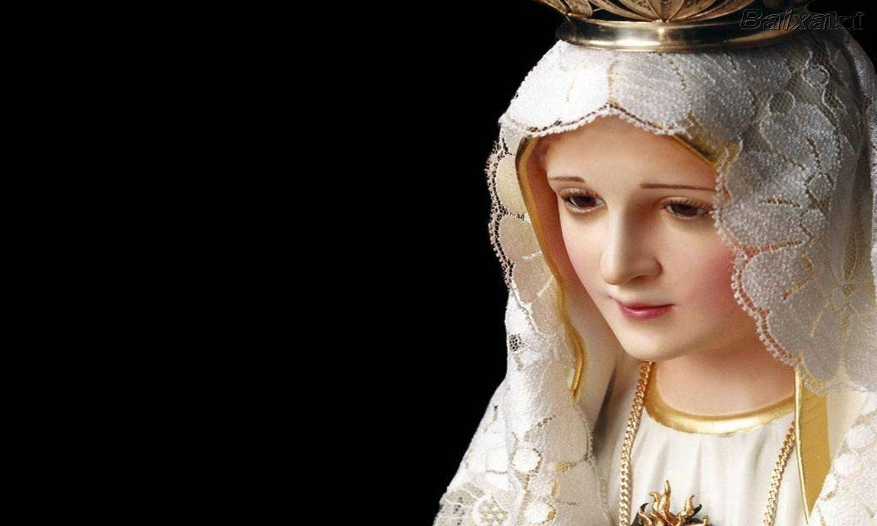 Virgin Mary 桌布 壁紙 — 聖母瑪利亞的寧靜雕像，戴著白色蕾絲面紗和金色皇冠，襯托在純黑背景上。