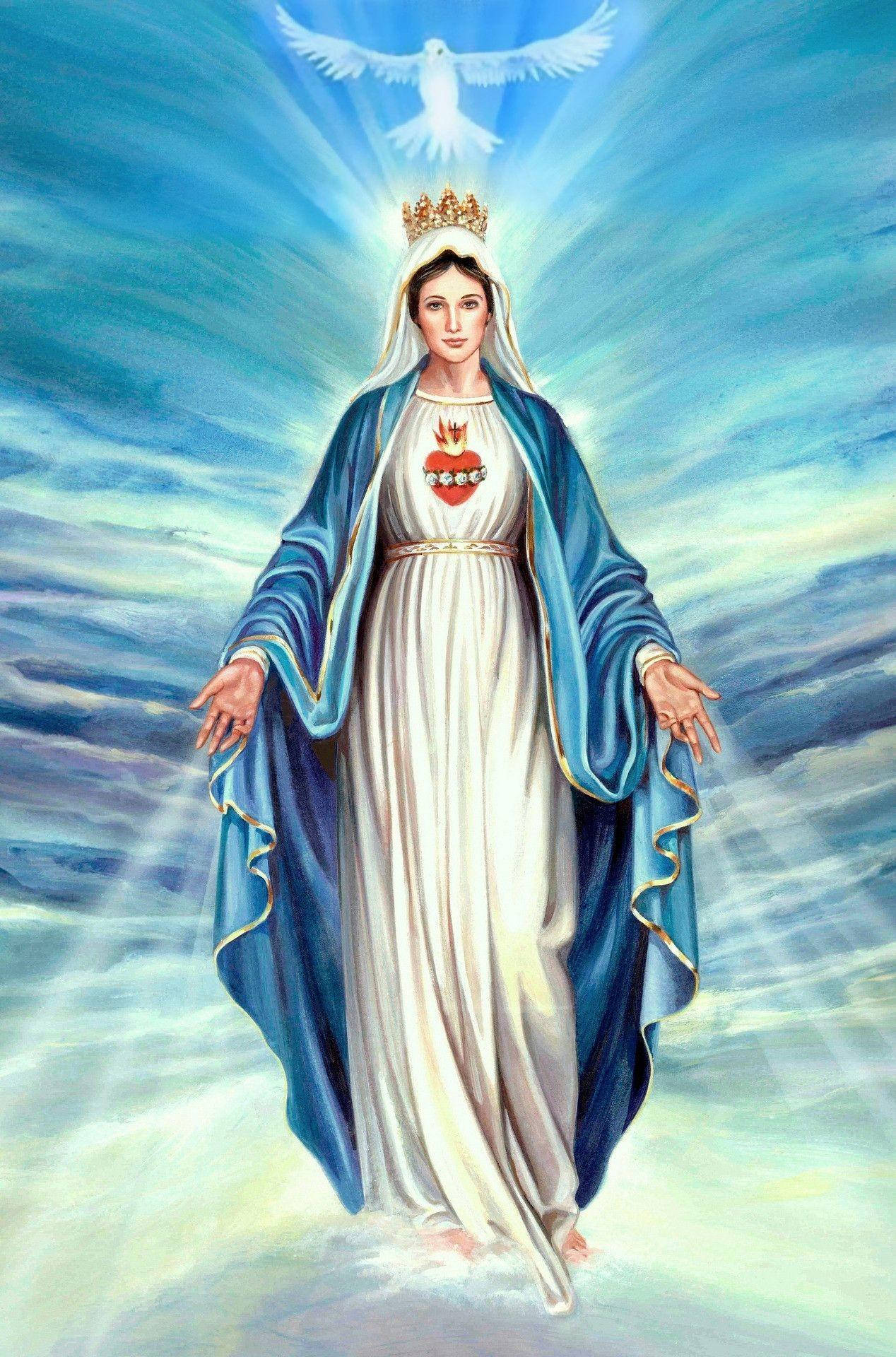 Catholic 桌布 壁紙 — 聖母瑪利亞身穿藍白長袍，頭戴皇冠，上方有鴿子，站在神聖光芒中的燦爛描繪。