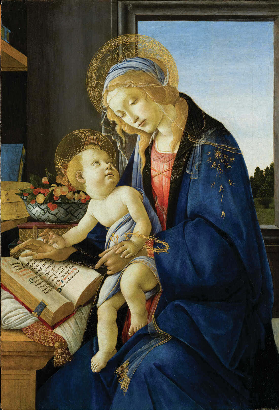 Mother Mary 桌布 壁紙 — 聖母與聖嬰坐在室內，手持打開的書本，旁邊有水果籃。