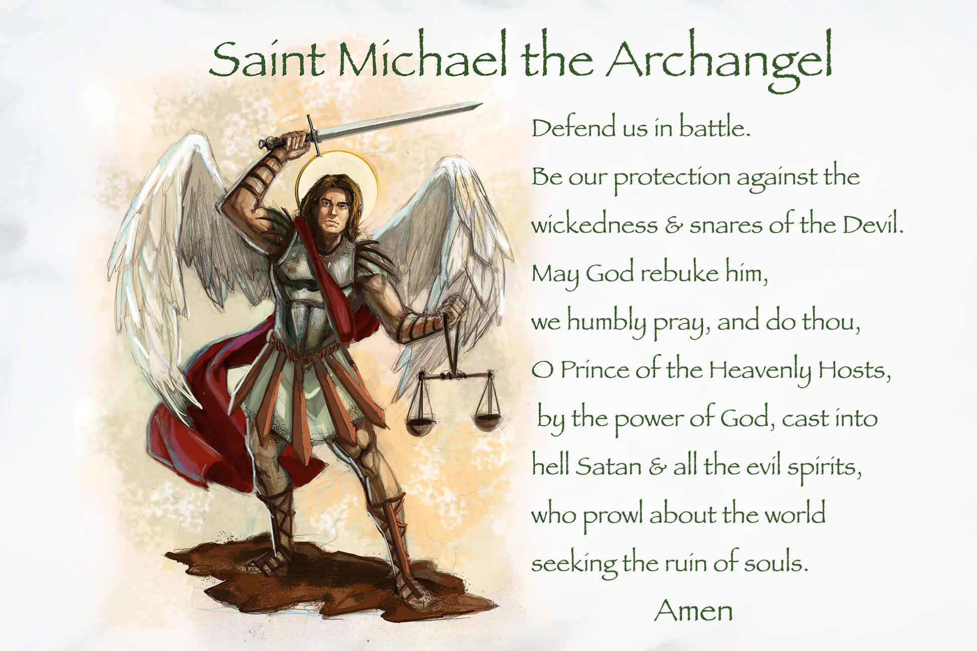 Saint Michael 桌布 壁紙 — 聖米迦勒天使長身穿盔甲，有翅膀和劍，手持天秤，背景柔和有紋理，並有祈禱文字。