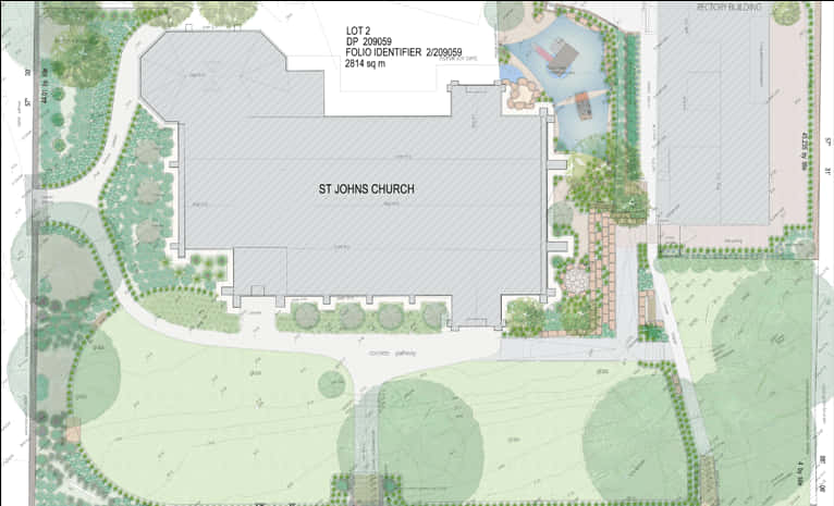 Plan 桌布 壁紙 — 聖約翰教堂的建築藍圖，附有標籤的地塊細節和周圍的園林景觀。