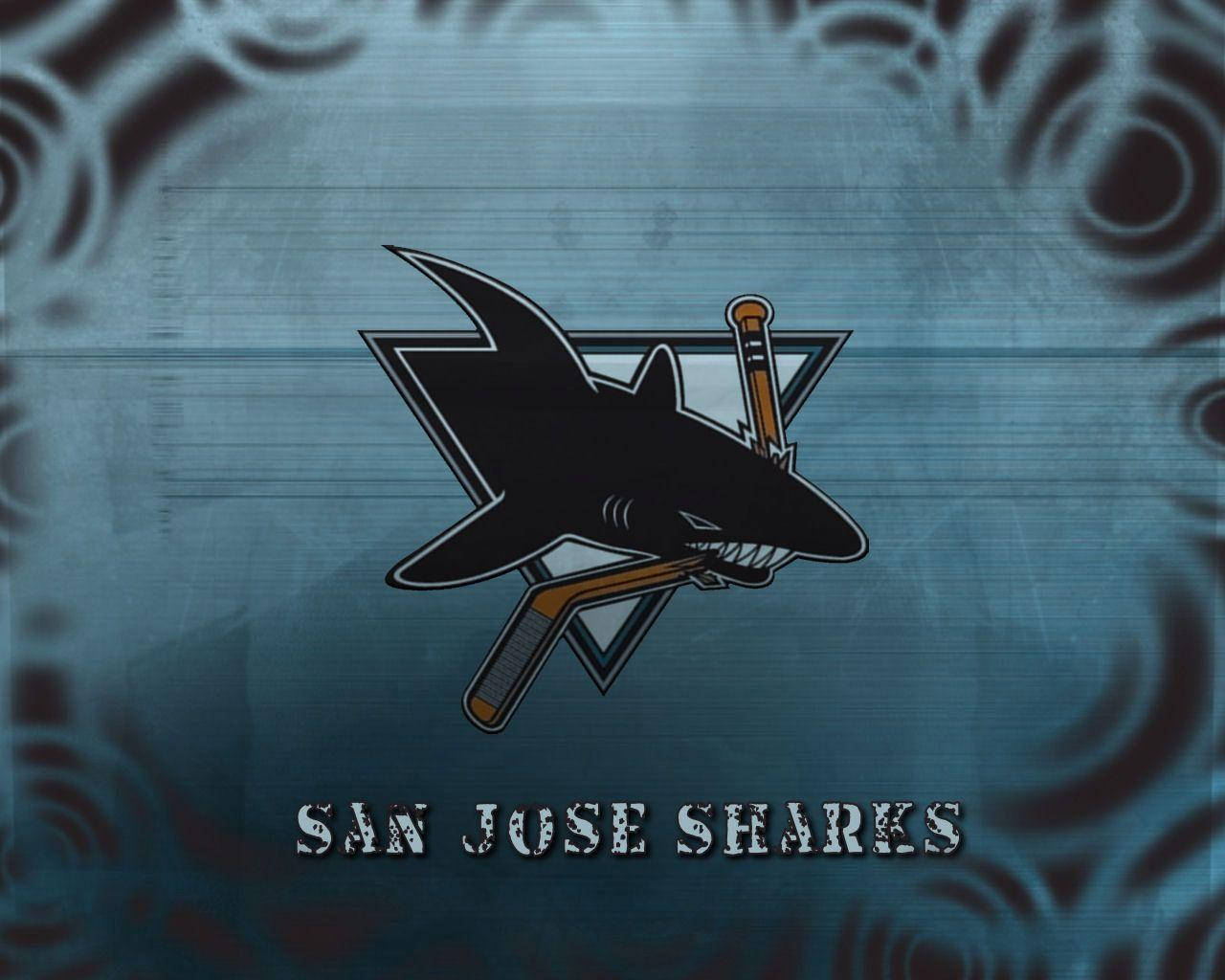 sharks 桌布 壁紙 — 聖荷西鯊魚隊標誌，帶有曲棍球桿，背景為帶有漩渦暗紋的紋理藍色背景。
