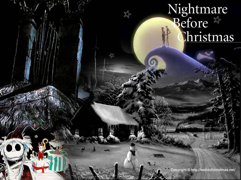 nightmare 桌布 壁紙 — 《聖誕夜驚魂》中一個詭異的雪夜場景，傑克·史克林頓和莎莉在巨型月亮下。