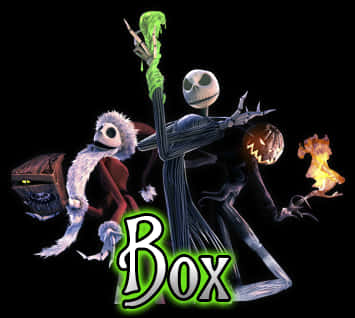 Nightmare Before Christmas Characters 桌布 壁紙 — 《聖誕夜驚魂》中的傑克·史克林頓和零零在黑色背景前與發光的綠色文字擺姿勢。