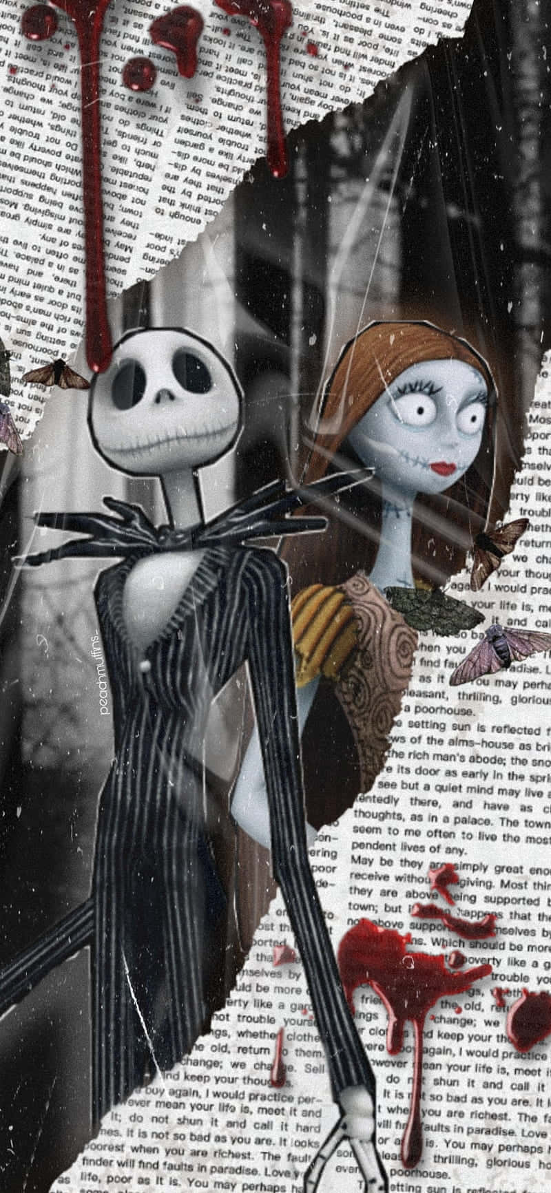Nightmare Before Christmas Phone 桌布 壁紙 — 《聖誕夜驚魂》中的傑克和莎莉站在被紅色飛濺弄髒的撕碎報紙頁中。