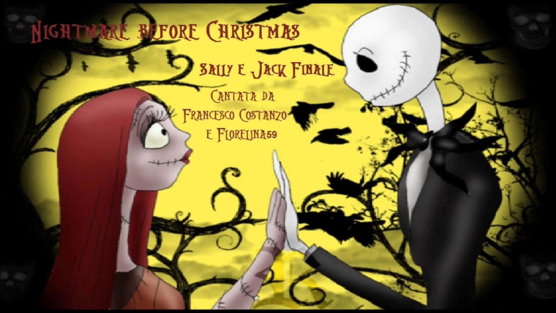 Sally Nightmare Before Christmas 桌布 壁紙 — 《聖誕夜驚魂》中的莎莉和傑克·史克林頓在黃色背景、黑色藤蔓和飛翔蝙蝠的襯托下互相伸手觸碰。