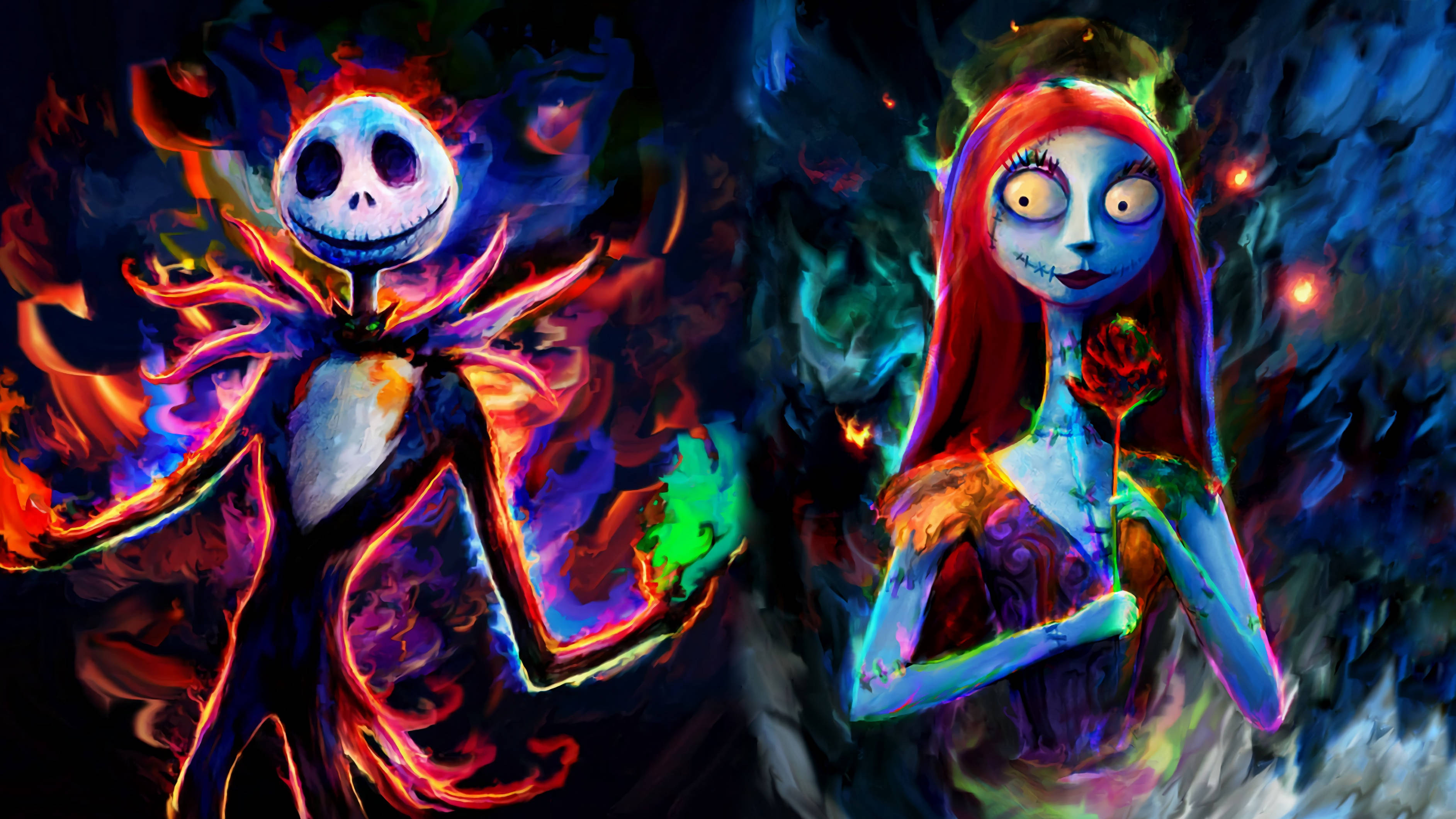 nightmare 桌布 壁紙 — 《聖誕夜驚魂》中色彩鮮豔的骷髏角色傑克和莎莉，站在旋轉的黑暗背景前，伴隨著發光的餘燼和火熱的色調。