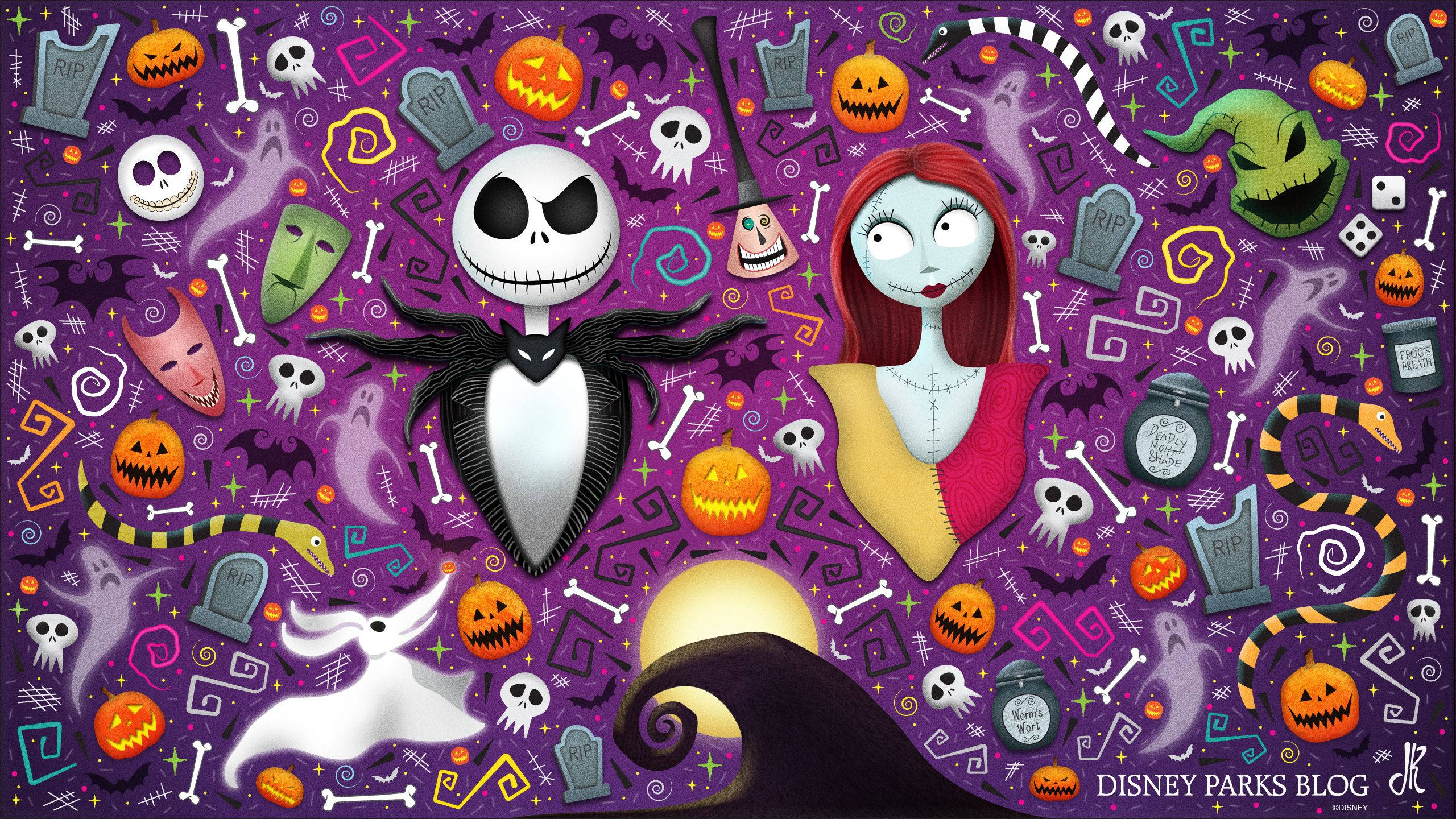 Cute Disney Halloween 桌布 壁紙 — 《聖誕夜驚魂》的傑克與莎莉站在充滿活力的紫色萬聖節拼貼畫中，拼貼畫包含南瓜、骷髏頭和墓碑。