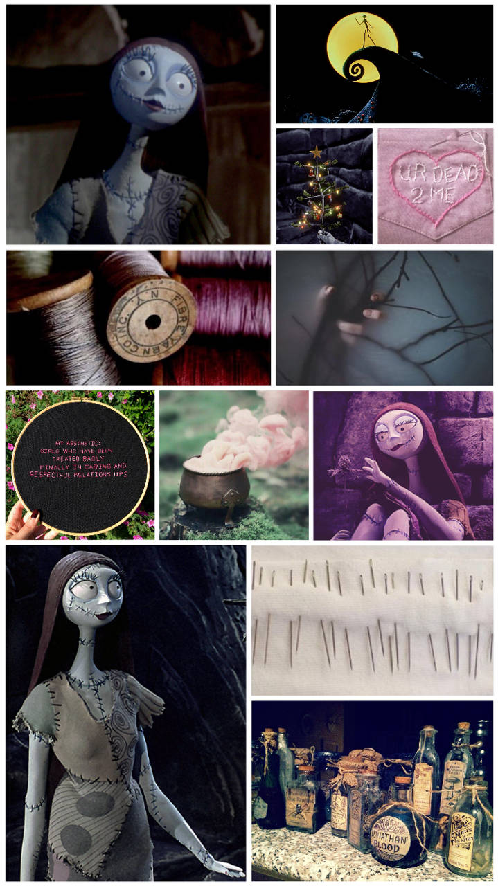 nightmare 桌布 壁紙 — 《聖誕夜驚魂》的拼貼畫， featuring Sally、Jack Skellington 以及萬聖節主題物品，如線軸、大頭針和藥水瓶。