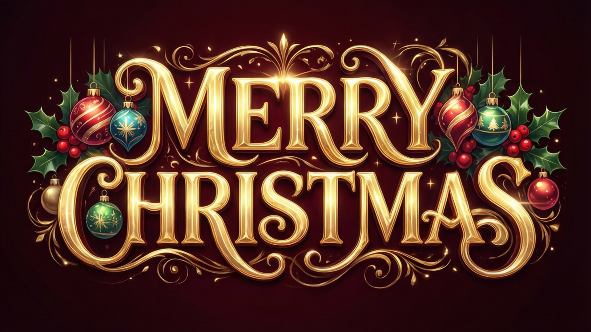 聖誕快樂字體設計 壁紙 — 深紅色背景上，金色華麗的「Merry Christmas」文字，飾以色彩繽紛的裝飾品、冬青和漿果。