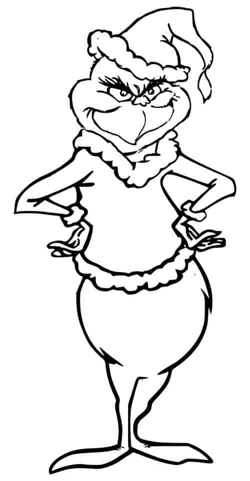 Cute Grinch 桌布 壁紙 — 聖誕怪傑戴著聖誕帽和毛領，雙手叉腰，以黑白線條畫呈現。