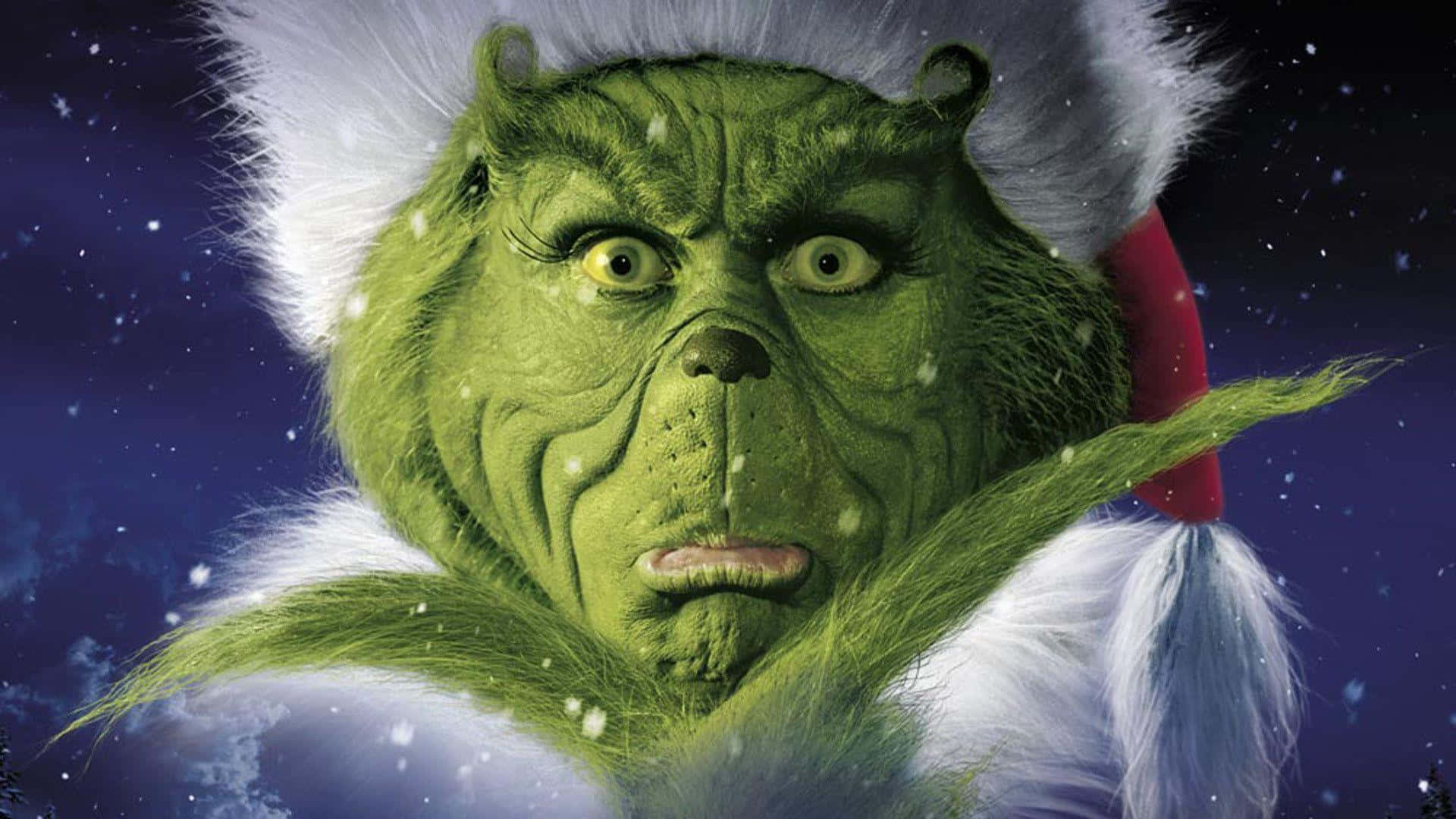 Grinch Zoom 桌布 壁紙 — 聖誕怪傑皺著眉頭、睜大眼睛，在滿天星斗的雪夜天空中凝視。