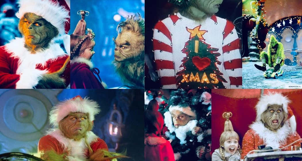 桌布 壁紙 — 聖誕怪傑穿著節日紅白服飾，搭配聖誕樹毛衣和雪橇，周圍環繞著節日場景和角色。