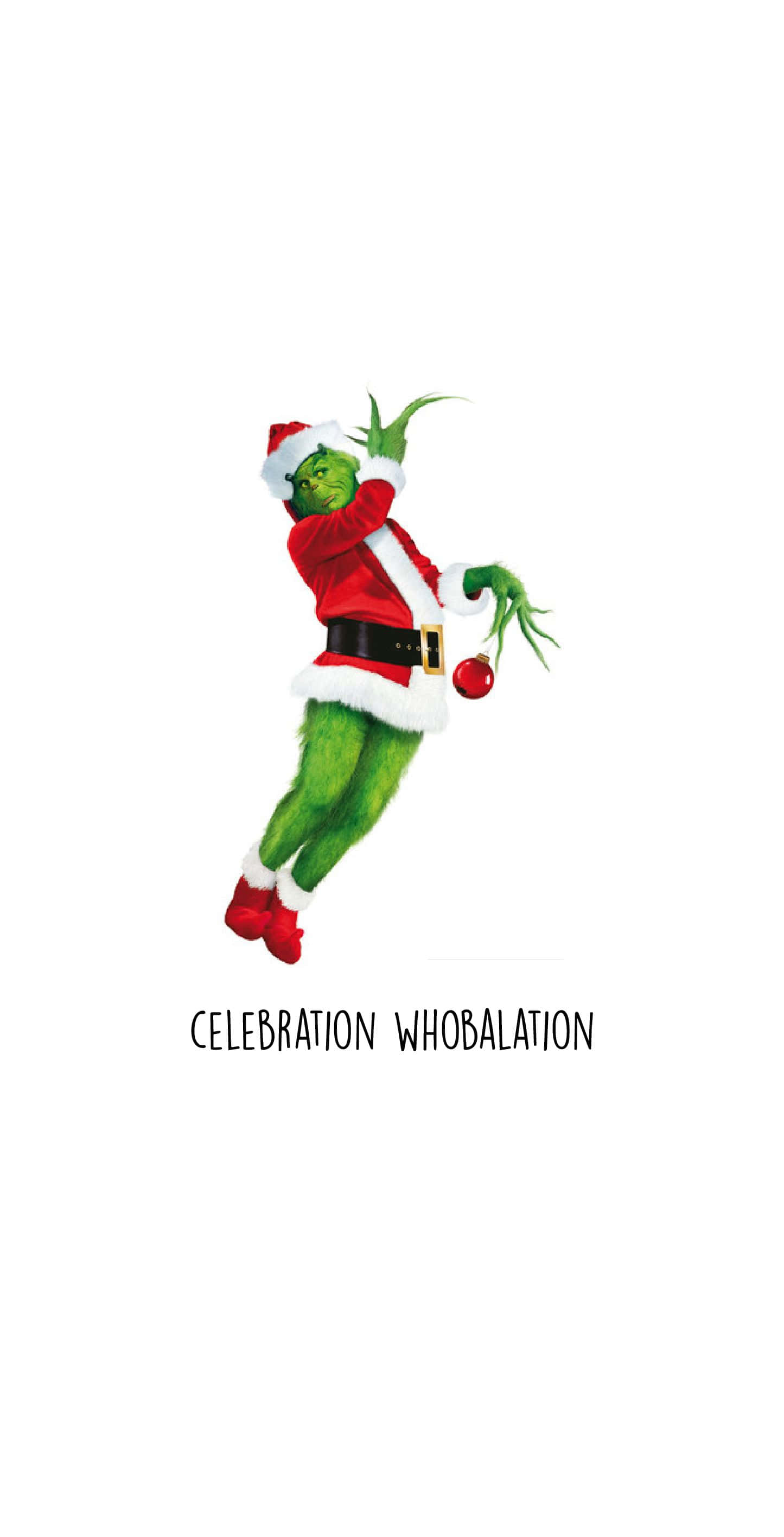 Funny Holiday Desktop 桌布 壁紙 — 聖誕怪傑穿著紅色聖誕老人套裝，在純白背景前快樂地跳躍，手持紅色裝飾球。