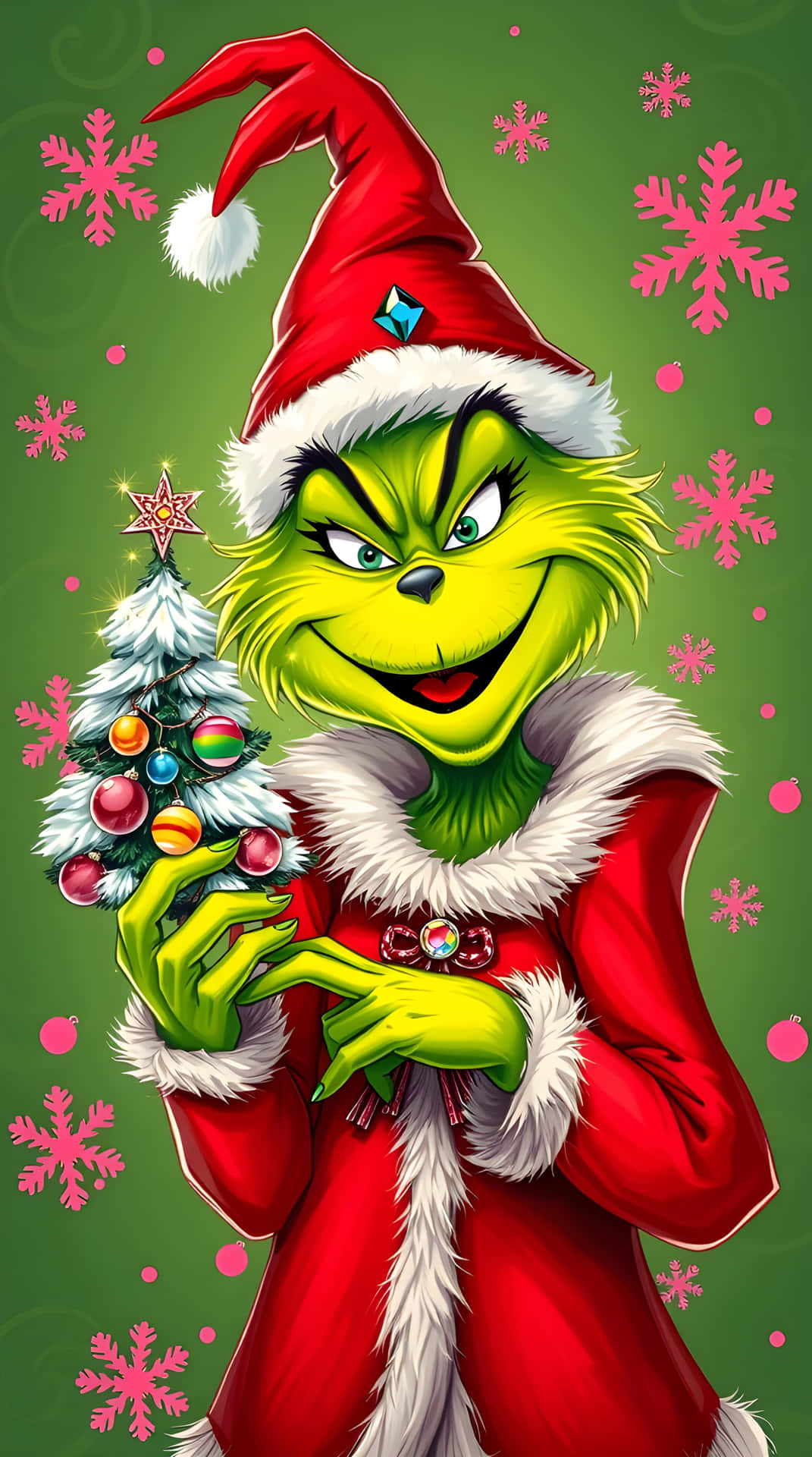The Grinch in Santa outfit holding a small decorated Christmas tree 壁紙 — 聖誕怪傑穿著紅色聖誕老人服裝，配有白色毛邊，在帶有粉紅色雪花的綠色背景前，手持裝飾好的聖誕樹。