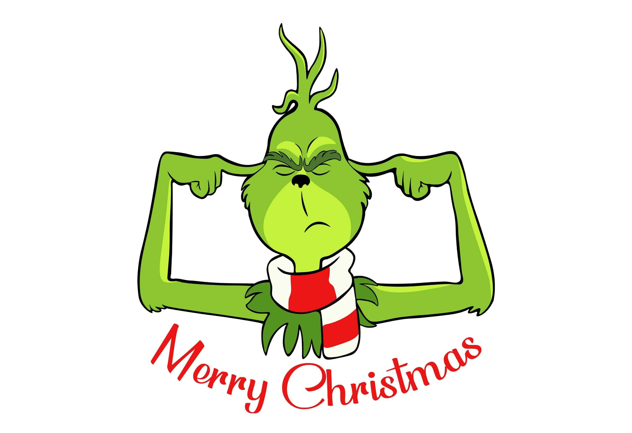 Grinch Smile 桌布 壁紙 — 聖誕怪傑雙臂交叉遮住眼睛，戴著紅白條紋圍巾，下方有「Merry Christmas」文字。