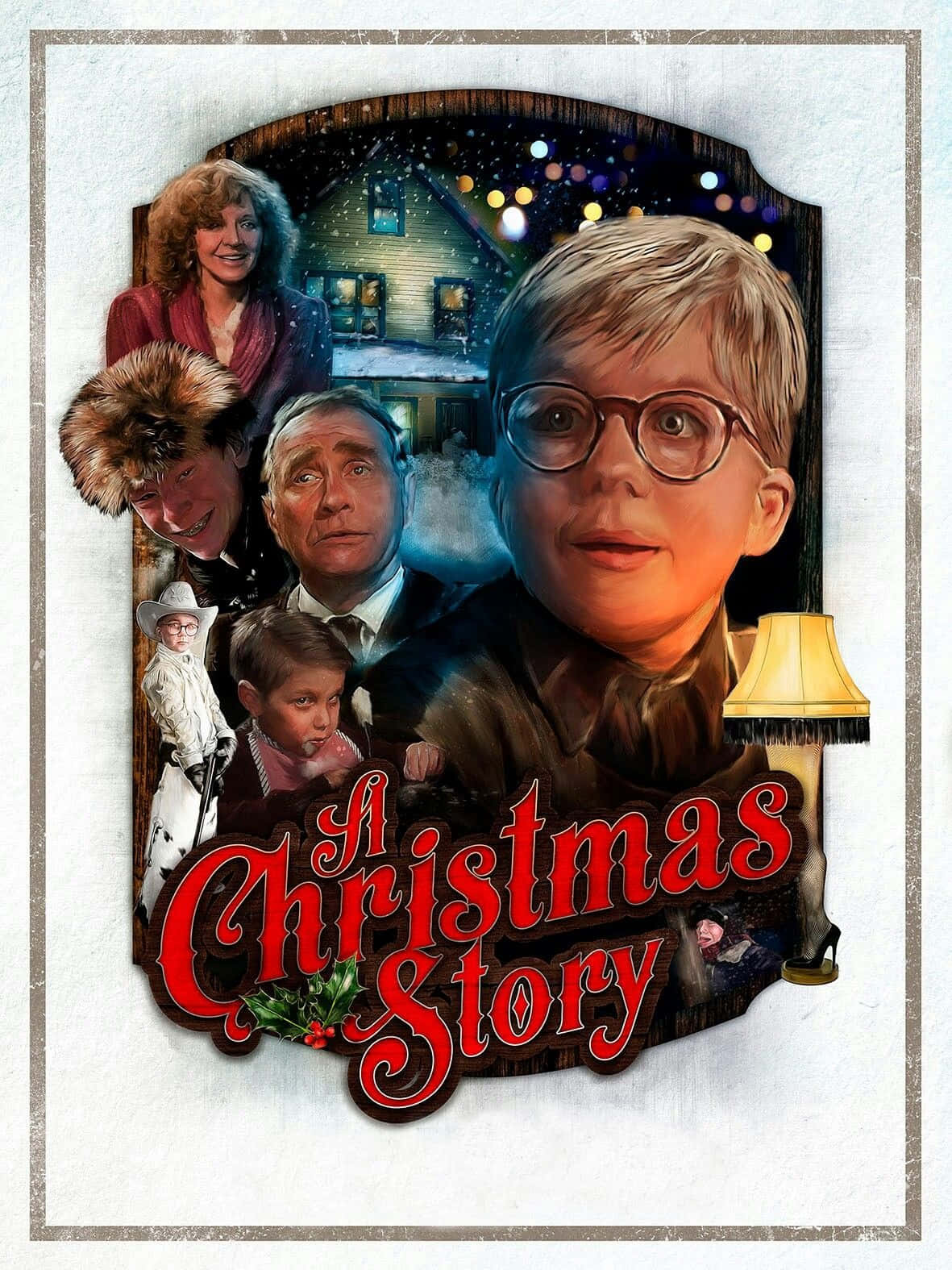 a christmas story 桌布 壁紙 — 《聖誕故事》的節日電影海報，展示一個戴眼鏡的小男孩、一盞燈和雪景房屋背景。