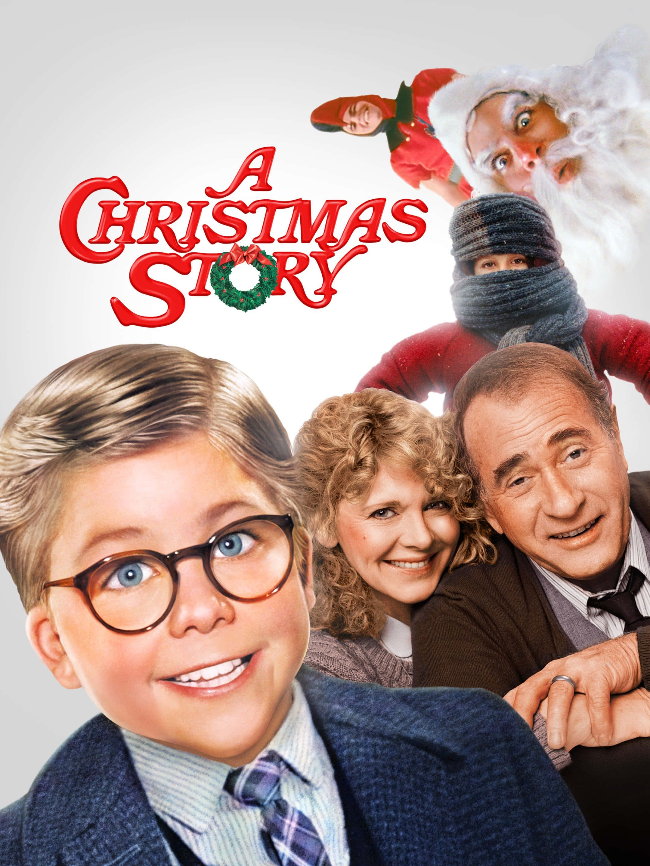 a christmas story 桌布 壁紙 — 《聖誕故事》的節日電影海報，展示一個戴眼鏡的小男孩微笑，被家人和聖誕老人、精靈等節日角色包圍。