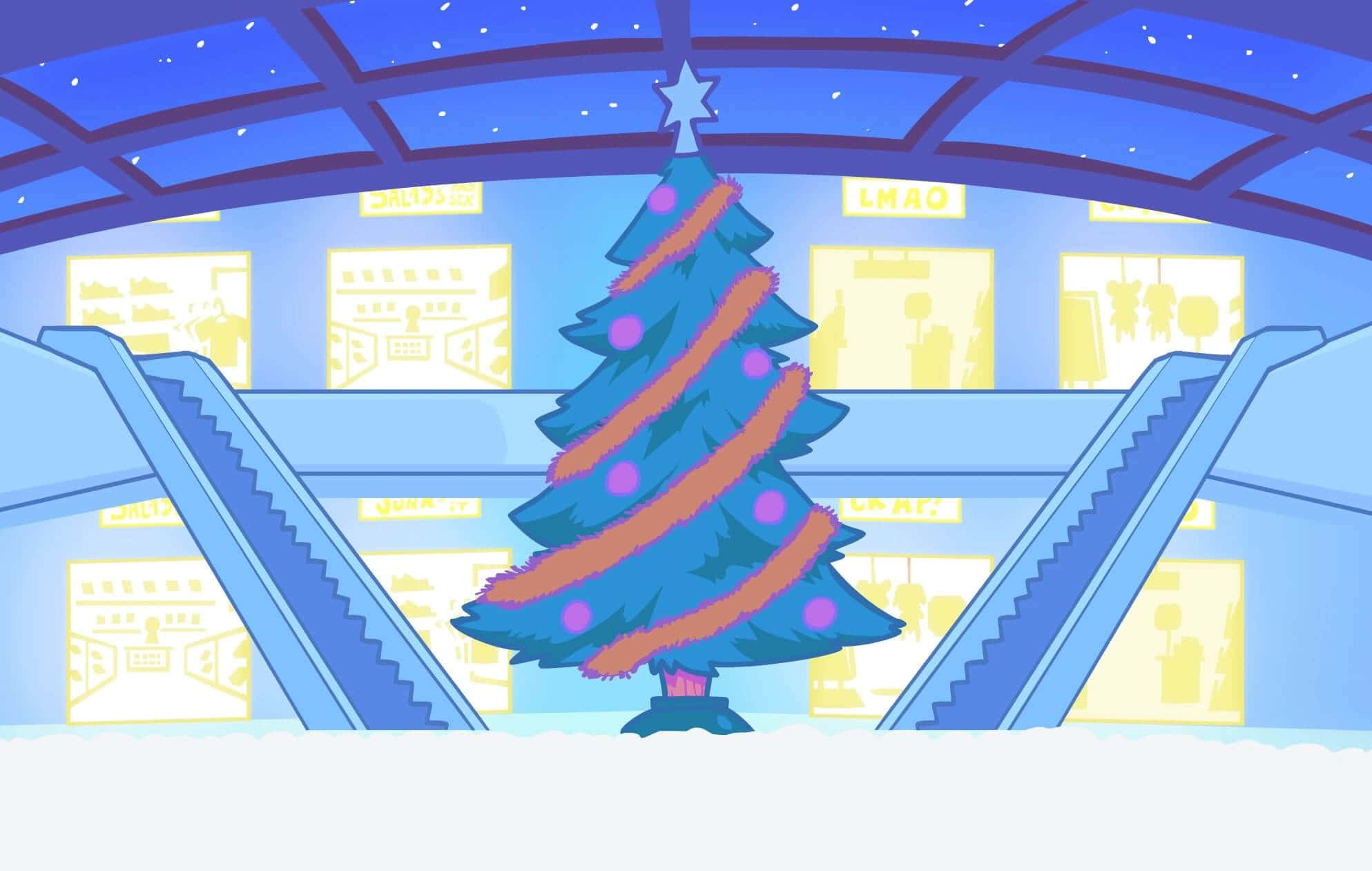 聖誕樹在購物中心裡與手扶梯 壁紙