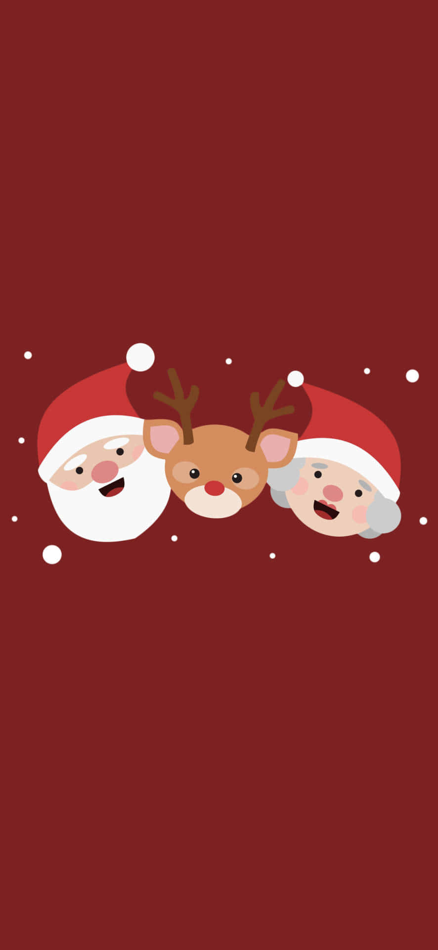 Cute Simple Christmas 桌布 壁紙 — 聖誕老人、聖誕太太和一隻馴鹿在深紅色背景上的雪花後面開心地探出頭來。
