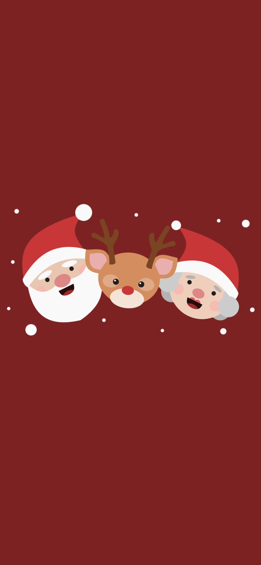 Santa Claus 桌布 壁紙 — 聖誕老人、聖誕太太和一隻馴鹿在深紅色背景上從雪花後面開心地探出頭來。