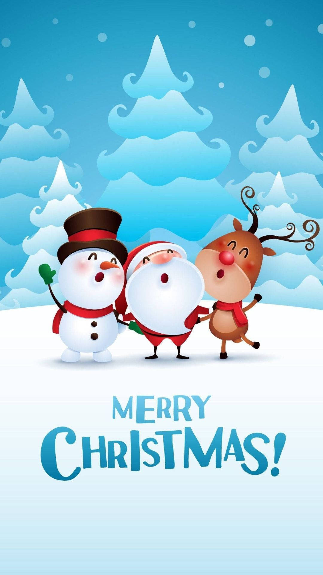 Kawaii Christmas 桌布 壁紙 — 聖誕老人、雪人和馴鹿在白雪皚皚的冬季森林中，在藍天下歡快地擺姿勢，雪花飄落。