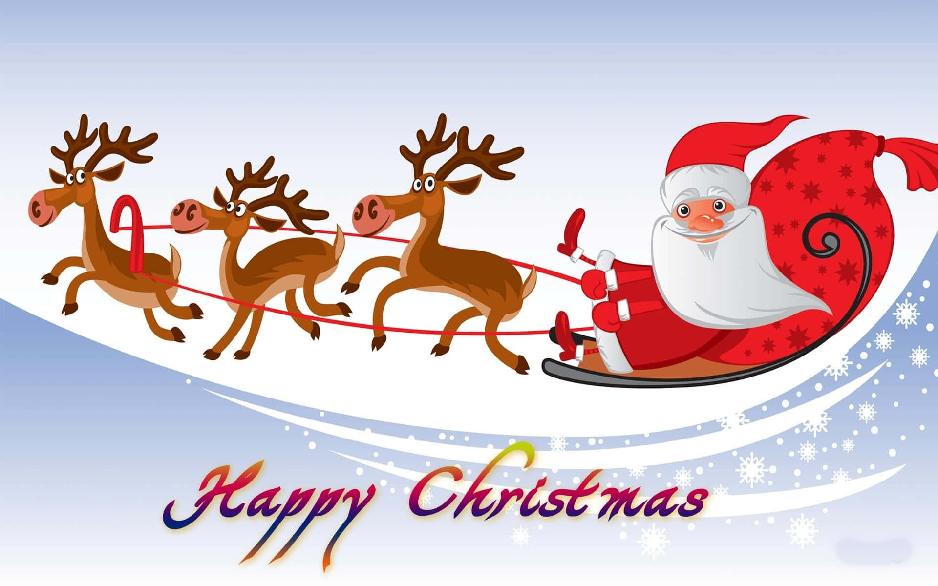 Santa Claus 桌布 壁紙 — 聖誕老人乘坐由三隻馴鹿拉動的紅色雪橇飛越白雪覆蓋的山丘，下方寫有「Happy Christmas」。