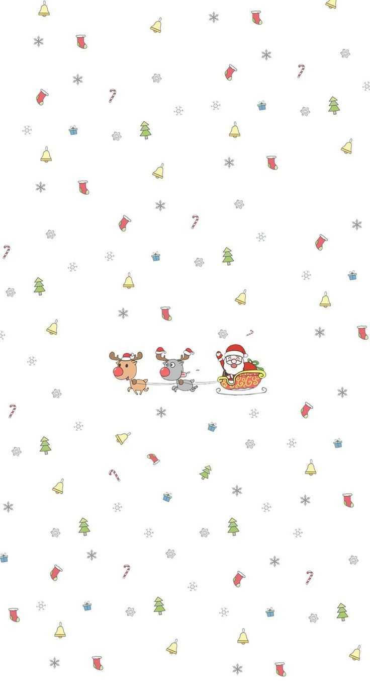 Santa Claus 桌布 壁紙 — 聖誕老人乘坐由兩隻馴鹿拉動的雪橇，飛過點綴著節日圖標的雪夜天空。