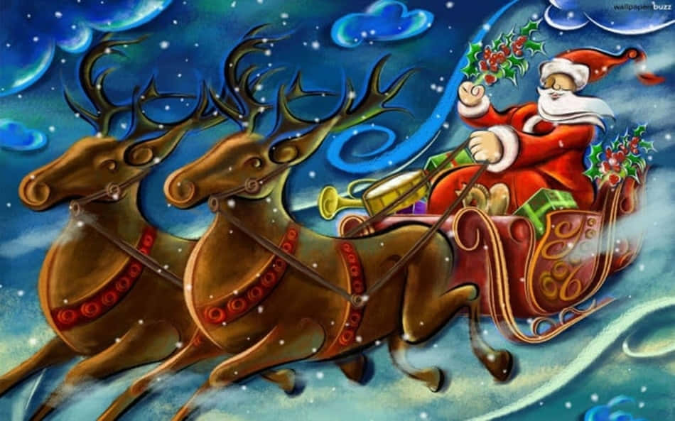 動畫 桌布 壁紙 — 聖誕老人乘坐由兩隻馴鹿拉著的紅色雪橇，在星光閃爍的夜空下飛翔，伴隨著旋轉的藍色雲朵和飄落的雪花。