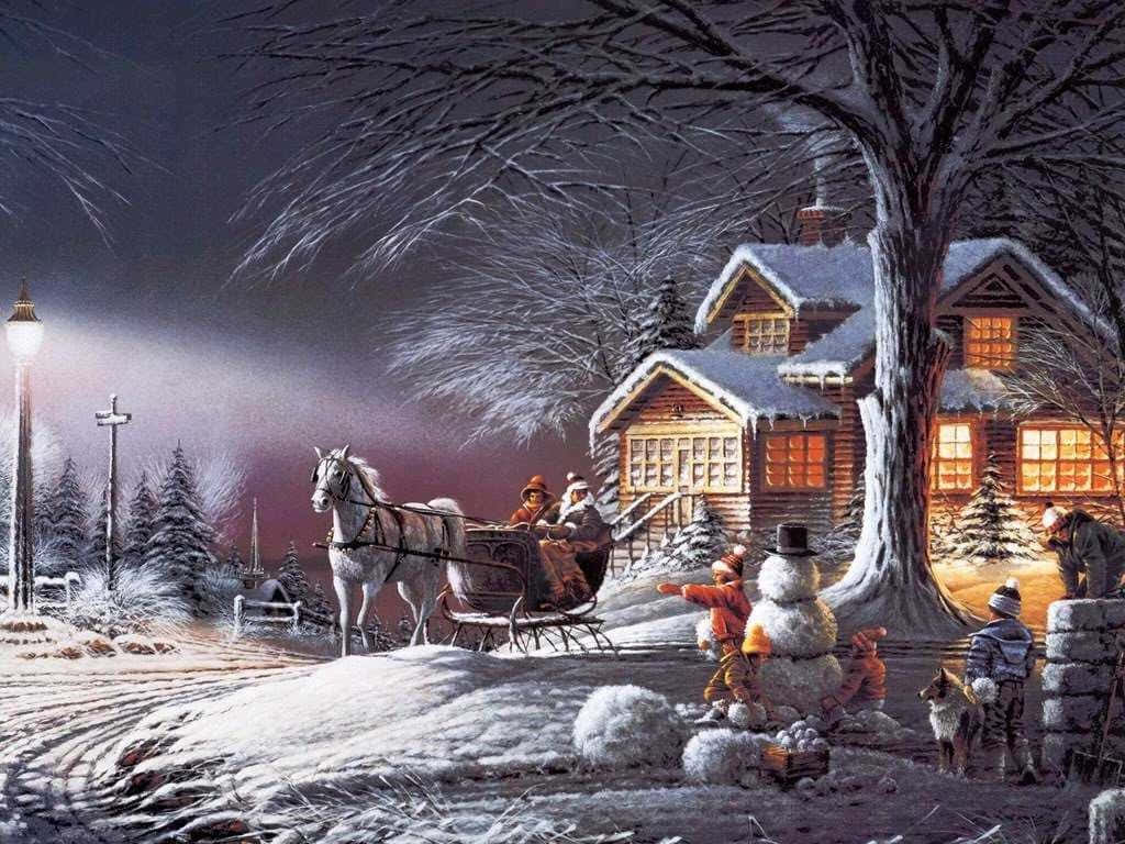 Christmas Winter Wonderland 桌布 壁紙 — 聖誕老人乘坐由白馬拉動的雪橇，經過一間被雪覆蓋的小屋，孩子們在星光閃爍的冬夜裡堆雪人。