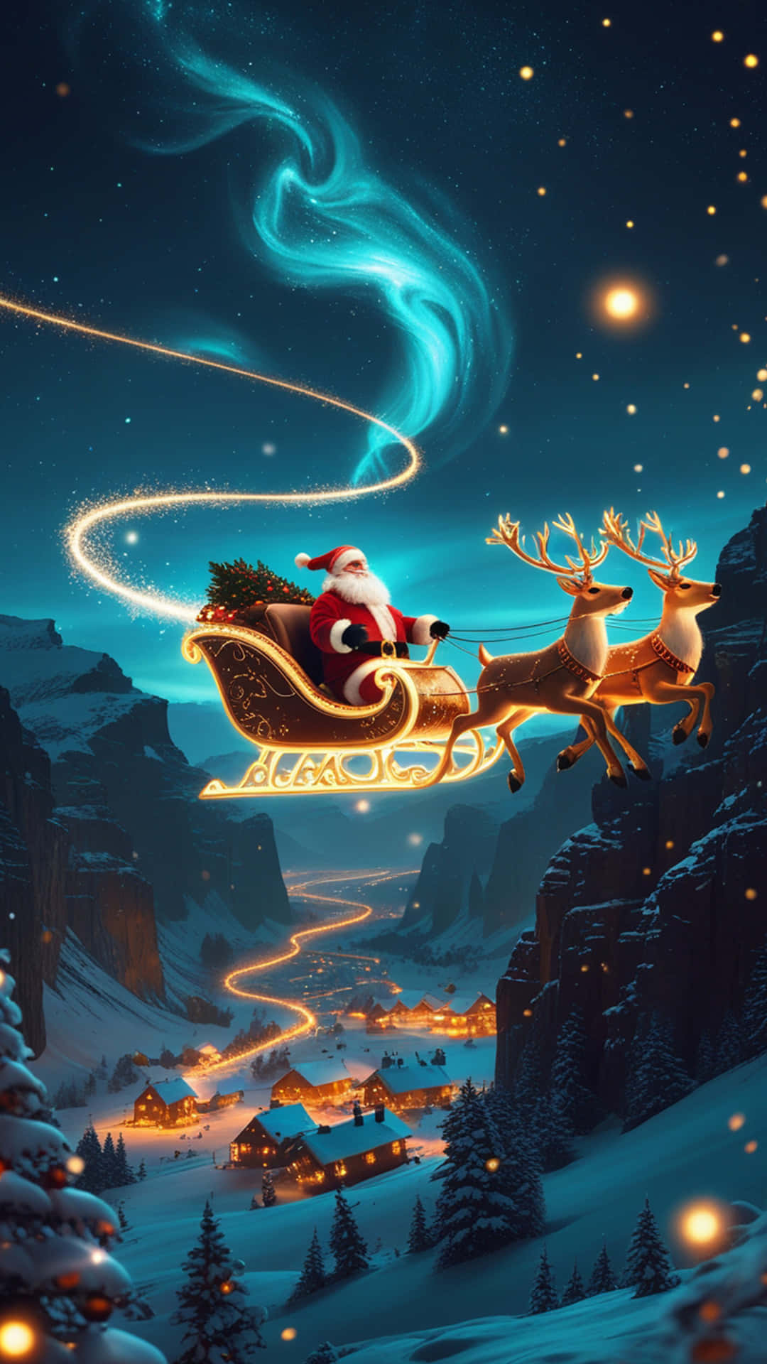 Christmas Wallpaper 壁紙 — 聖誕老人乘坐由馴鹿拉動的發光雪橇，在星空和北極光下飛越雪山。