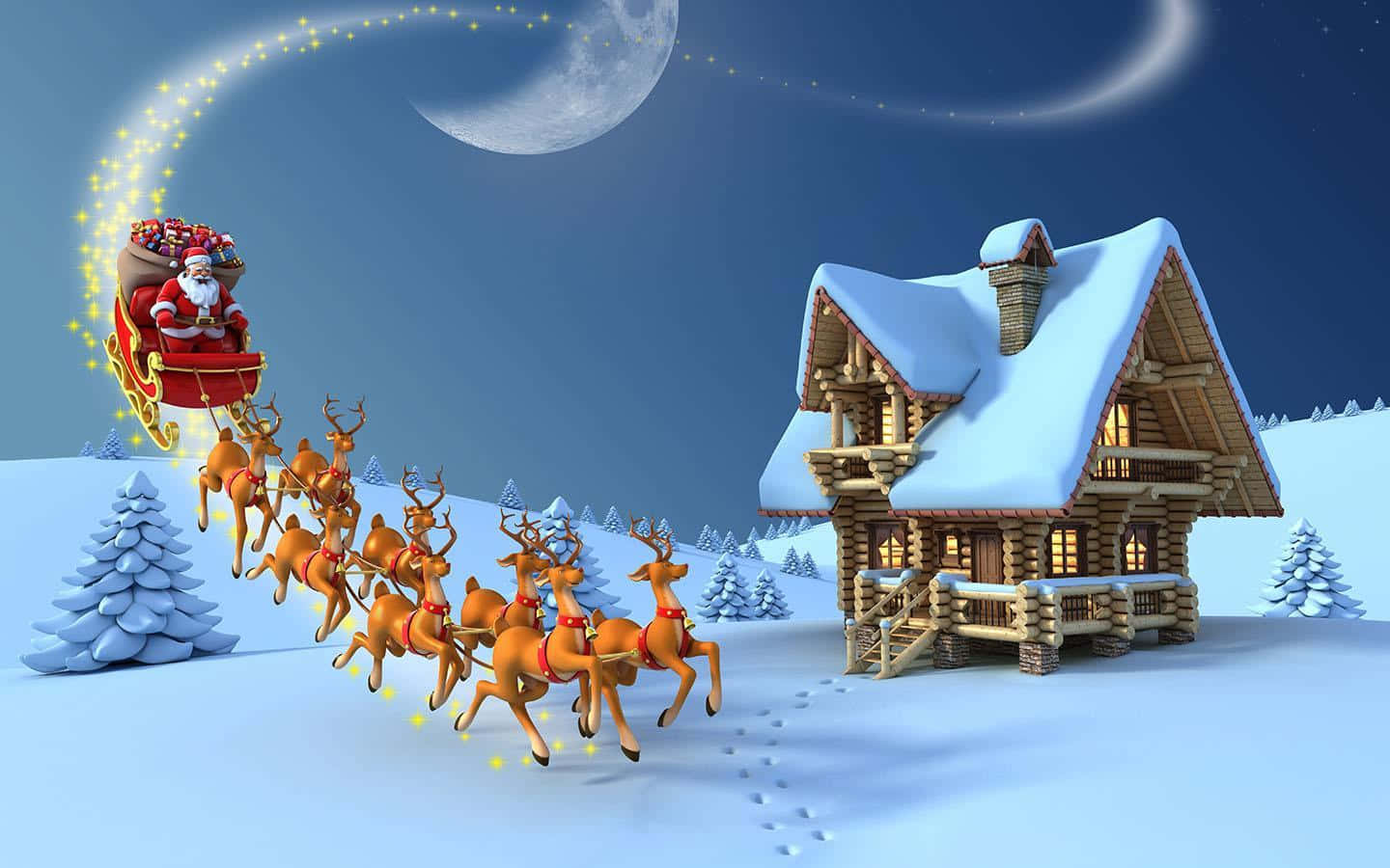 Cool Christmas 桌布 壁紙 — 聖誕老人乘坐由馴鹿拉動的紅色雪橇，飛過雪景，朝著新月下舒適的木屋前進。