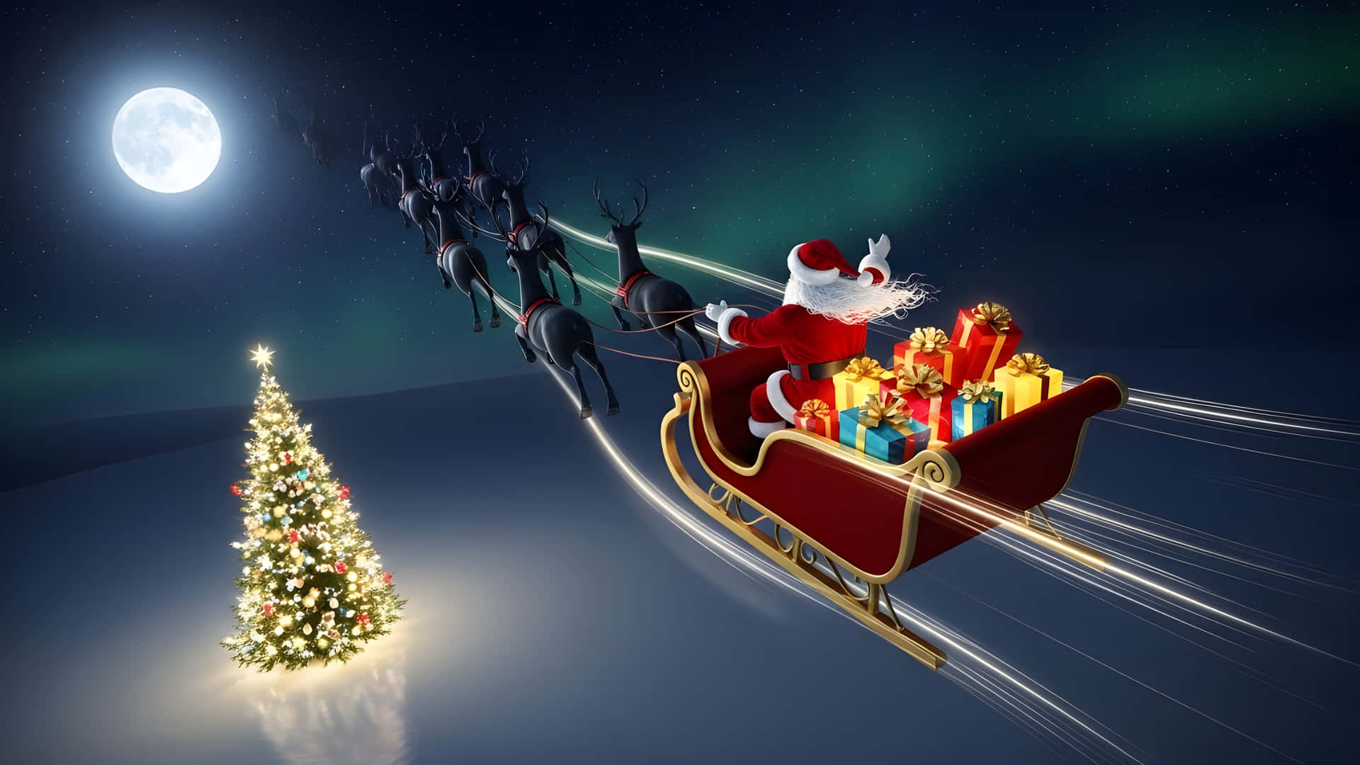 Santa claus sleigh flying past christmas tree at night 壁紙 — 聖誕老人乘坐由馴鹿拉動的紅色雪橇，在滿月下飛過閃爍的聖誕樹。
