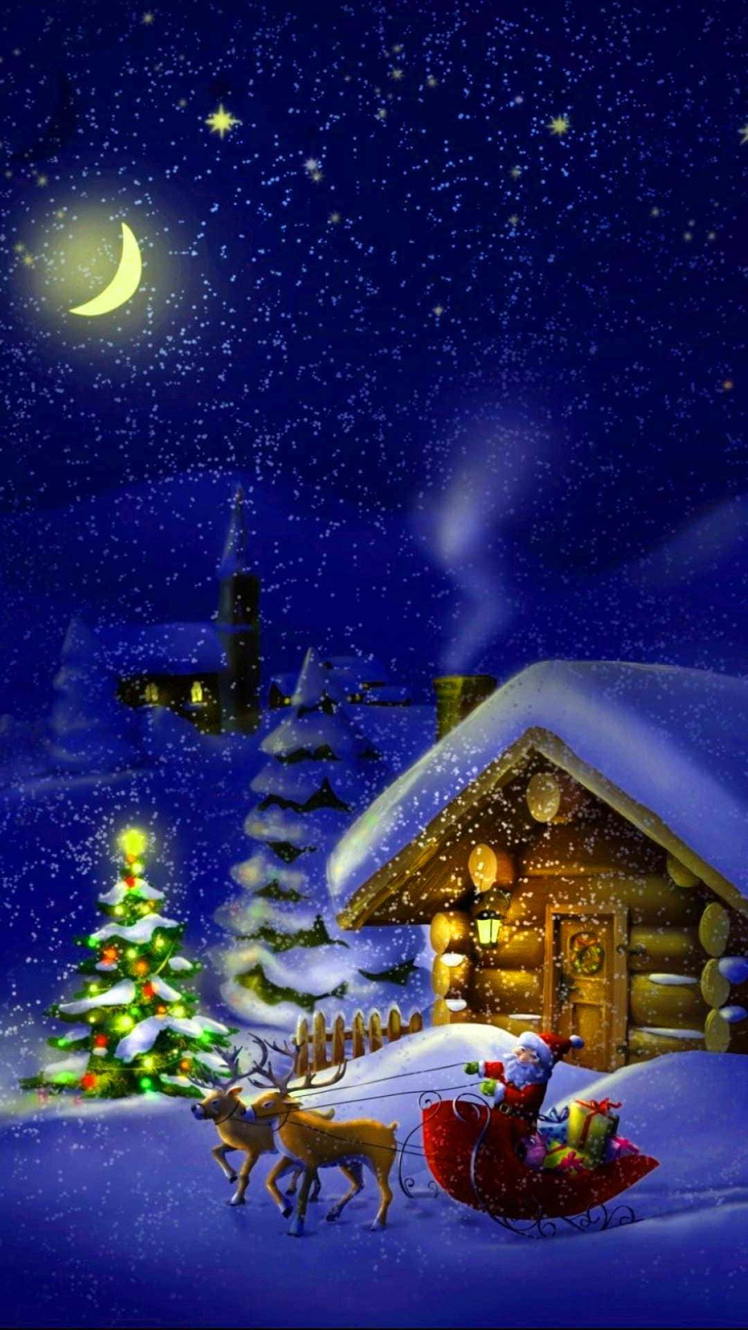 Christmas Eve 桌布 壁紙 — 聖誕老人乘坐由馴鹿拉動的紅色雪橇，在星夜和彎月下掠過一間積雪的木屋。