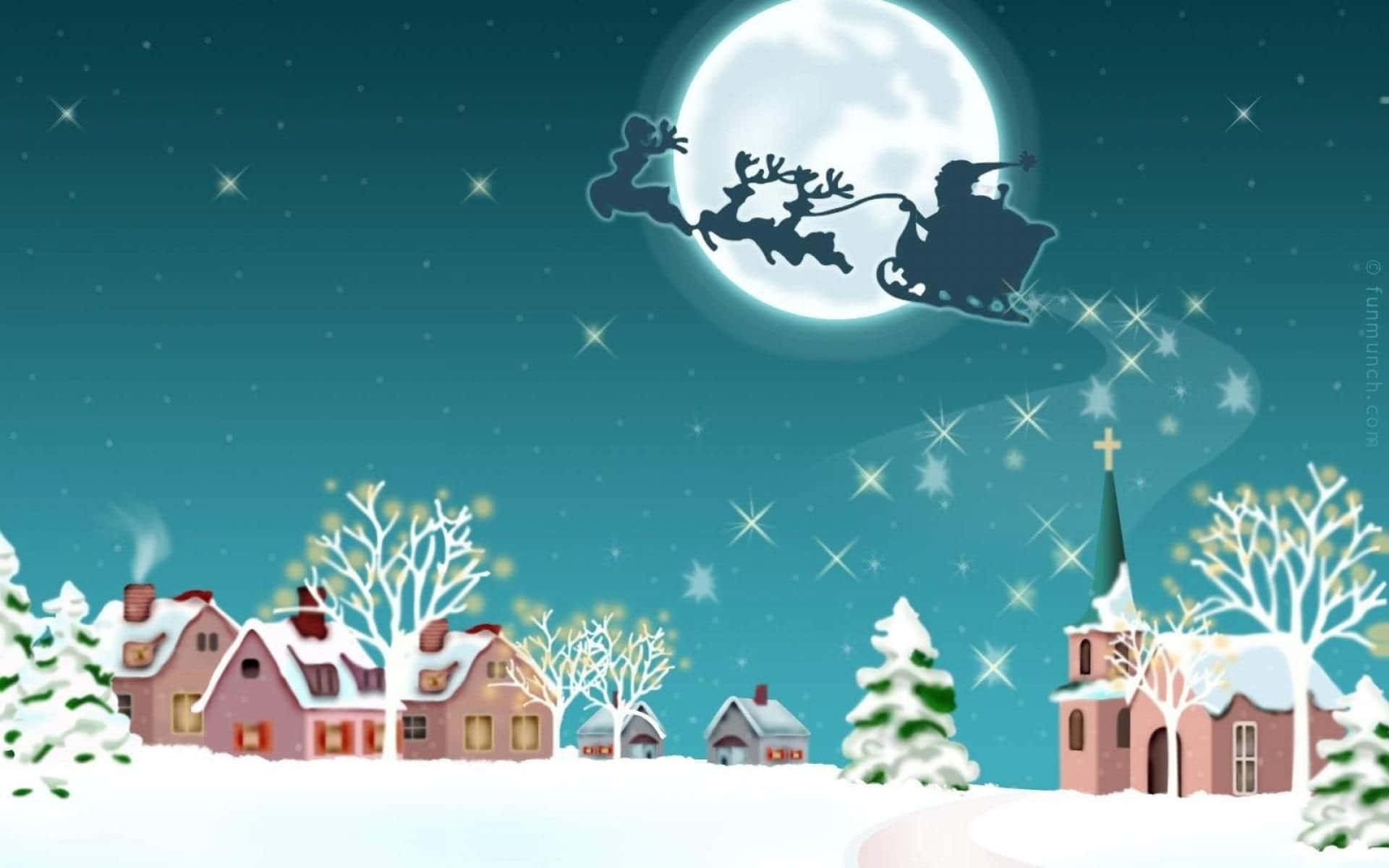 Vintage Christmas 桌布 壁紙 — 聖誕老人乘坐由馴鹿拉動的雪橇，在滿月下飛過一個積雪覆蓋的村莊，村莊裡有發光的窗戶和積雪的樹木。