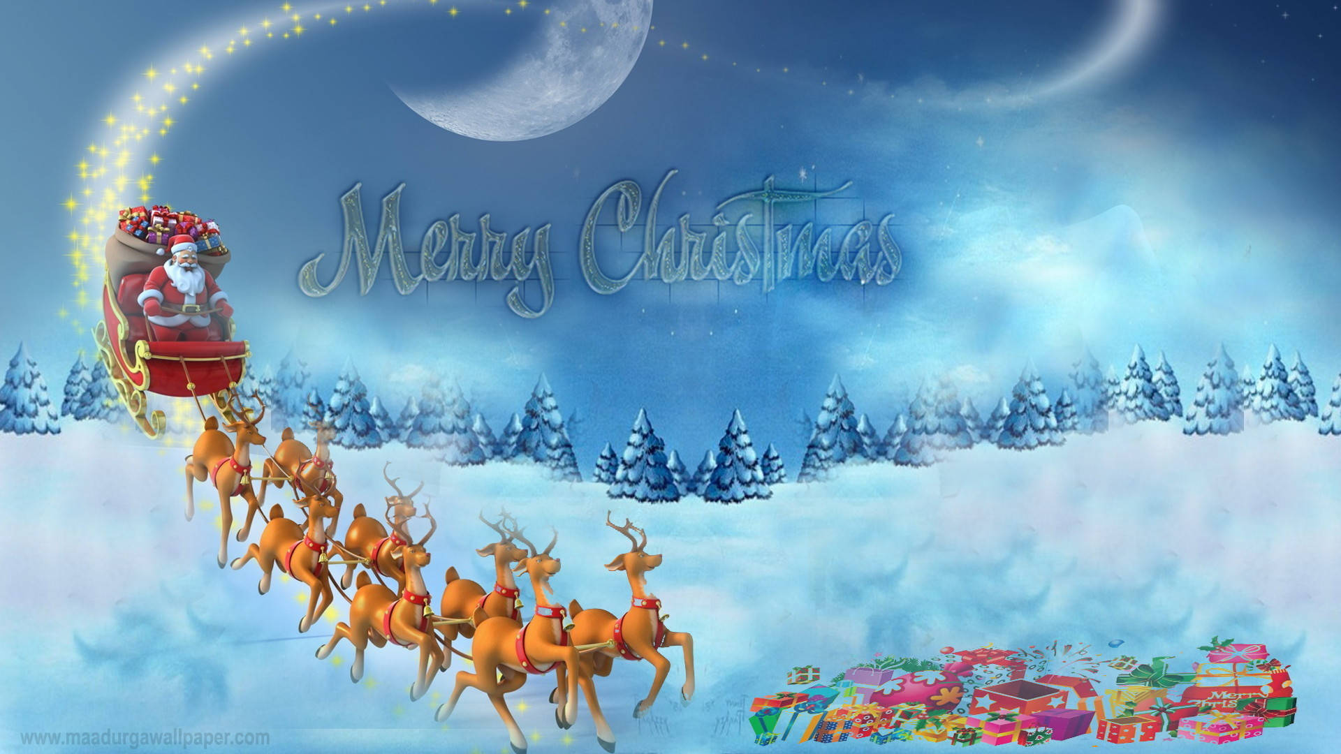 christmas laptop 桌布 壁紙 — 聖誕老人乘坐由馴鹿拉動的雪橇，在彎月下的雪景中奔馳，並帶有「聖誕快樂」文字。