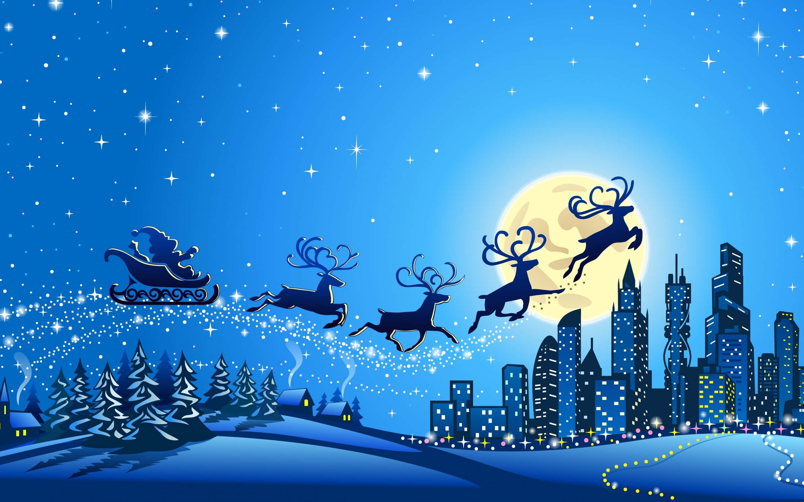 桌布 壁紙 — 聖誕老人乘坐由馴鹿拉動的雪橇，在滿月星夜下飛越白雪覆蓋的城市景觀。
