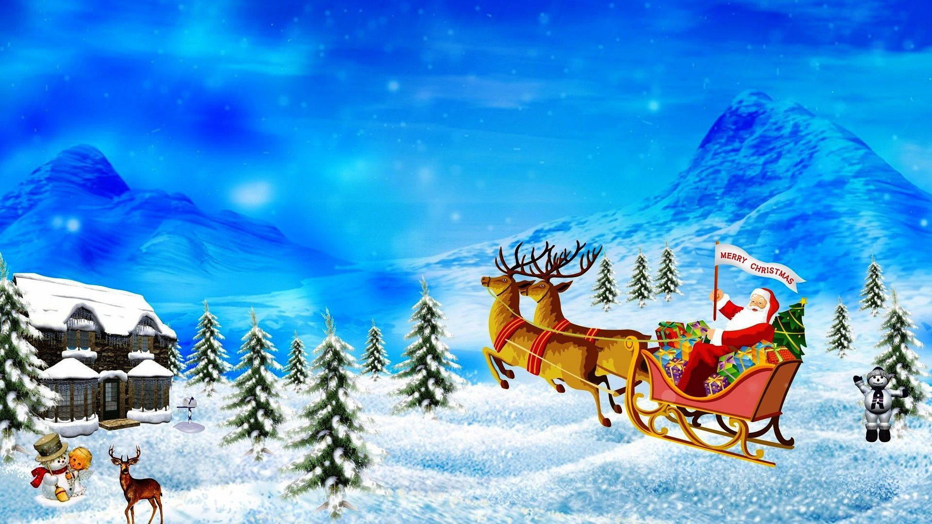 Santa Claus 桌布 壁紙 — 聖誕老人乘坐由馴鹿拉動的雪橇，在星空藍天下穿越有山脈、松樹和雪人的雪景。