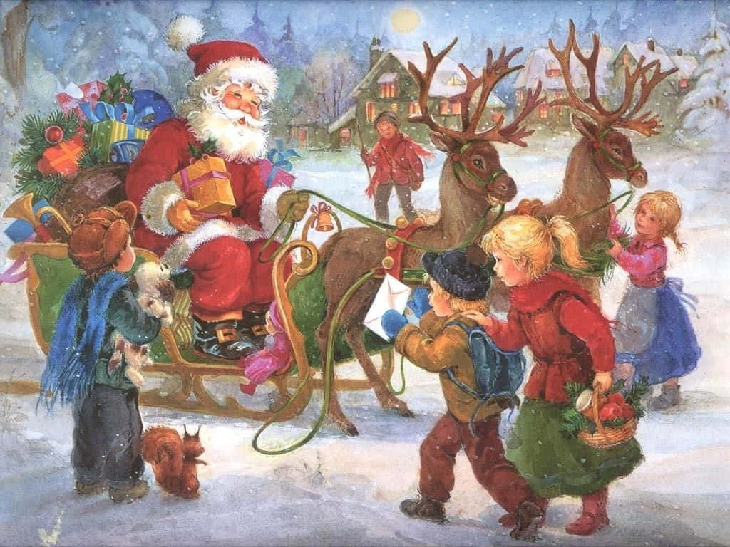 Santa 桌布 壁紙 — 聖誕老人乘坐由馴鹿拉動的雪橇，在滿月下為雪村的孩子們送禮物。