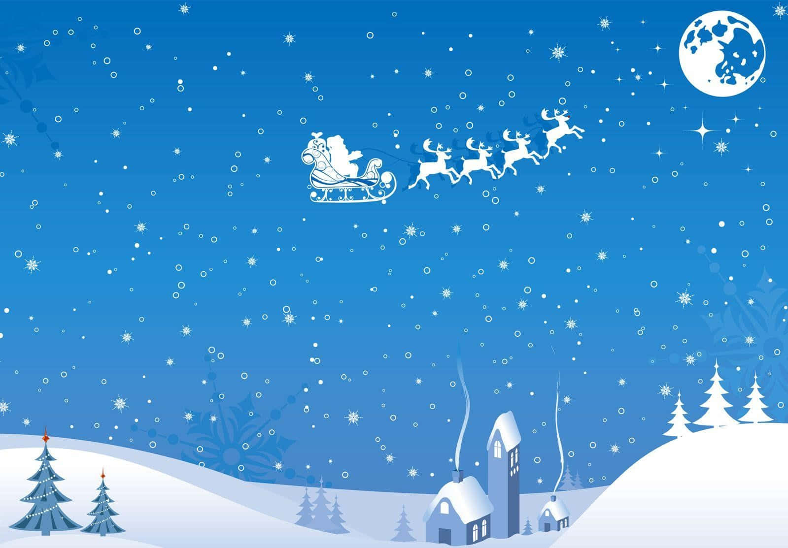Cool Christmas 桌布 壁紙 — 聖誕老人乘坐由馴鹿拉動的雪橇，在雪白的藍色夜空中飛越一個有積雪覆蓋樹木和房屋的村莊。
