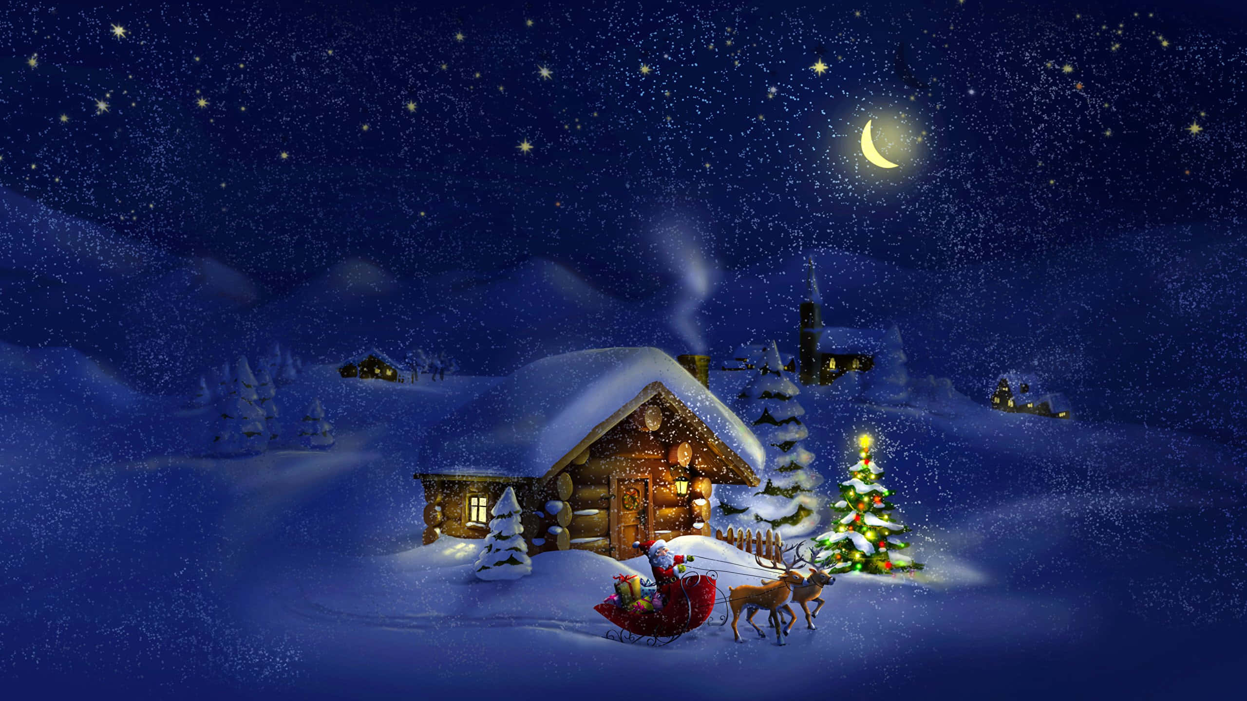 1920x1080 HD Christmas 桌布 壁紙 — 聖誕老人乘坐由馴鹿拉動的雪橇，在星月交輝的夜空下，停在一間積雪覆蓋的小屋前。