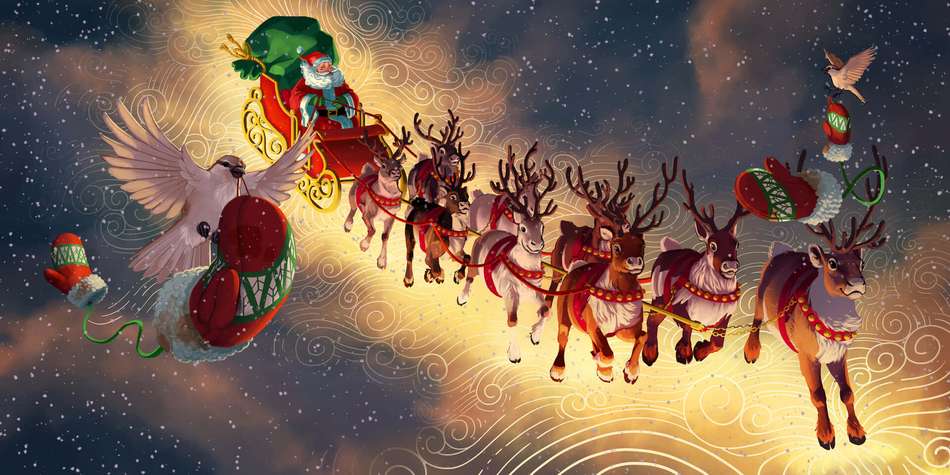 Christmas Elves 桌布 壁紙 — 聖誕老人乘坐由馴鹿拉動的雪橇，穿越繁星點點的夜空，周圍有旋轉的金色雲朵和漂浮的節日禮物。